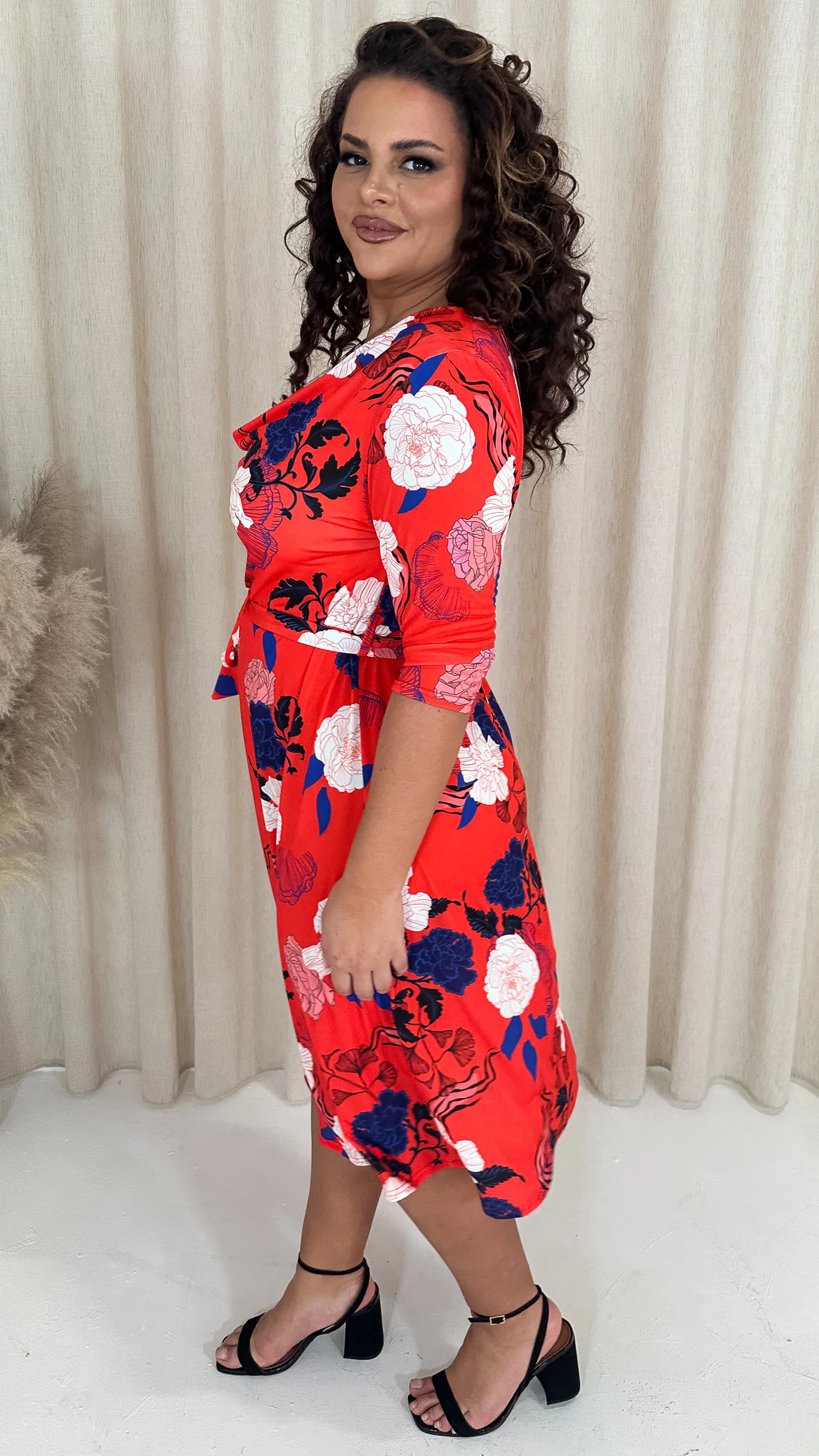 CurveWow Cowl Neck Midi Dress Red Floral - Image 7
