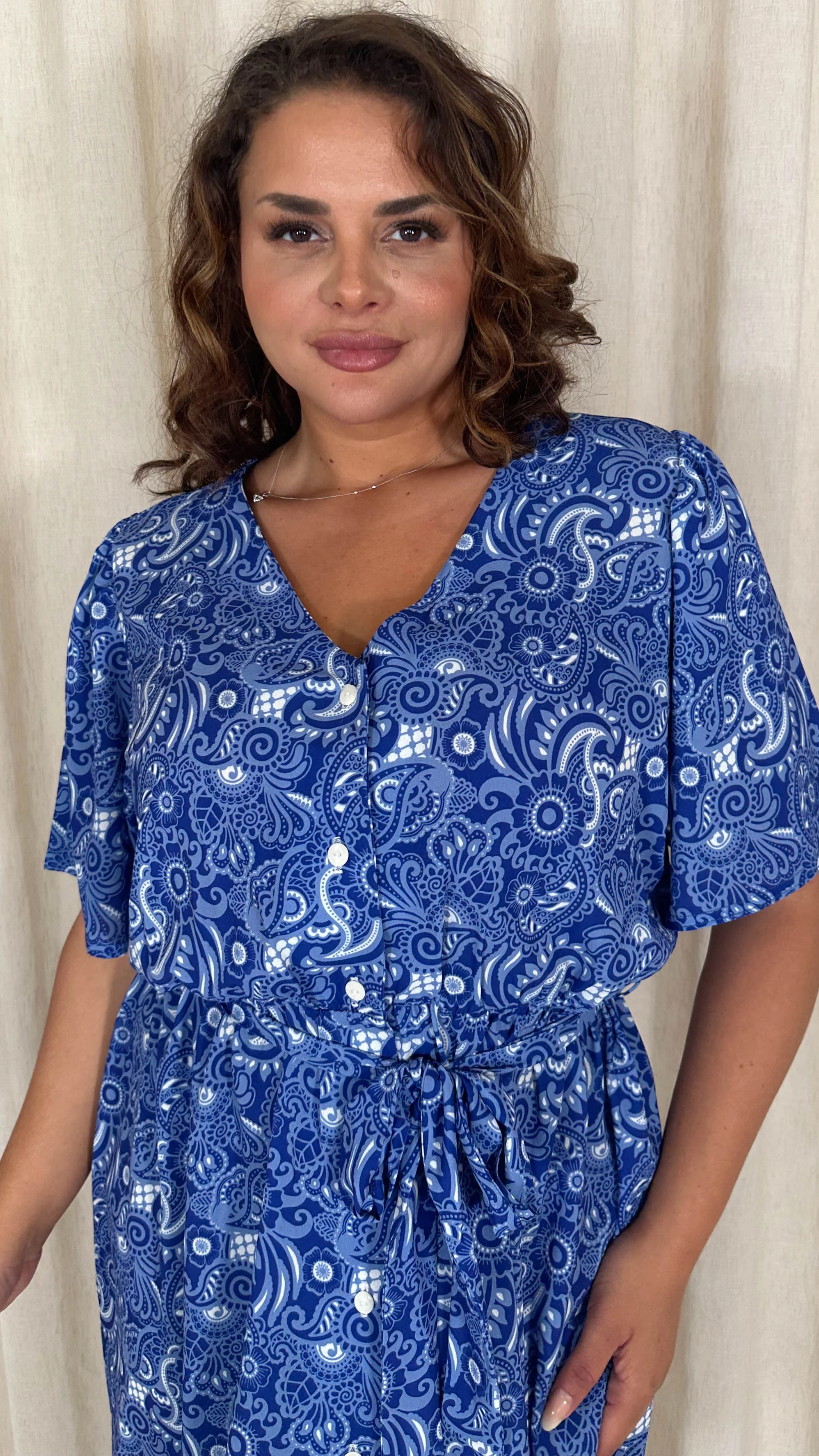 CurveWow Crepe Angel Sleeve Button Down Dress Blue Paisley - Image 2