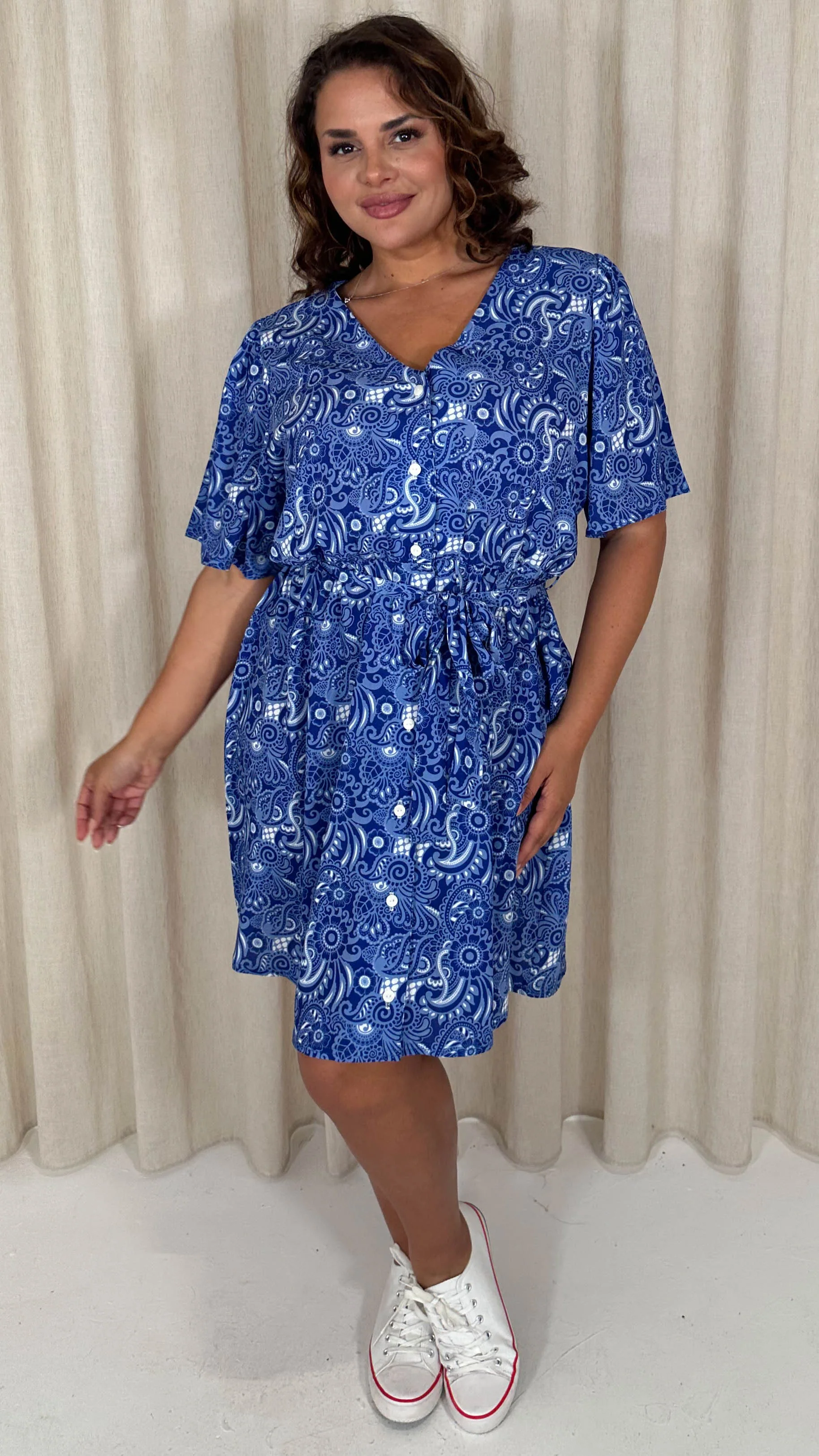 CurveWow Crepe Angel Sleeve Button Down Dress Blue Paisley - Image 3
