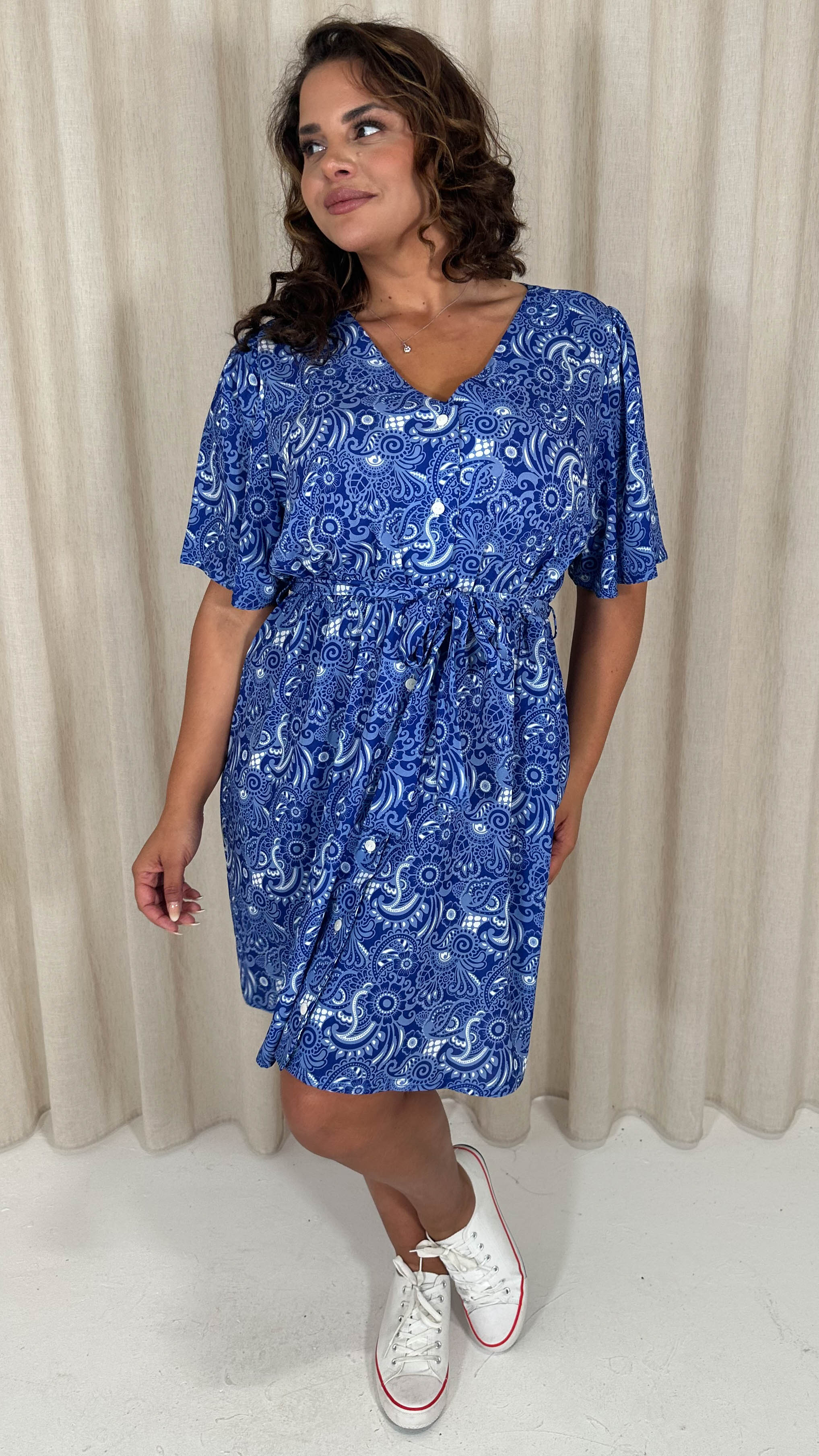 CurveWow Crepe Angel Sleeve Button Down Dress Blue Paisley - Image 4