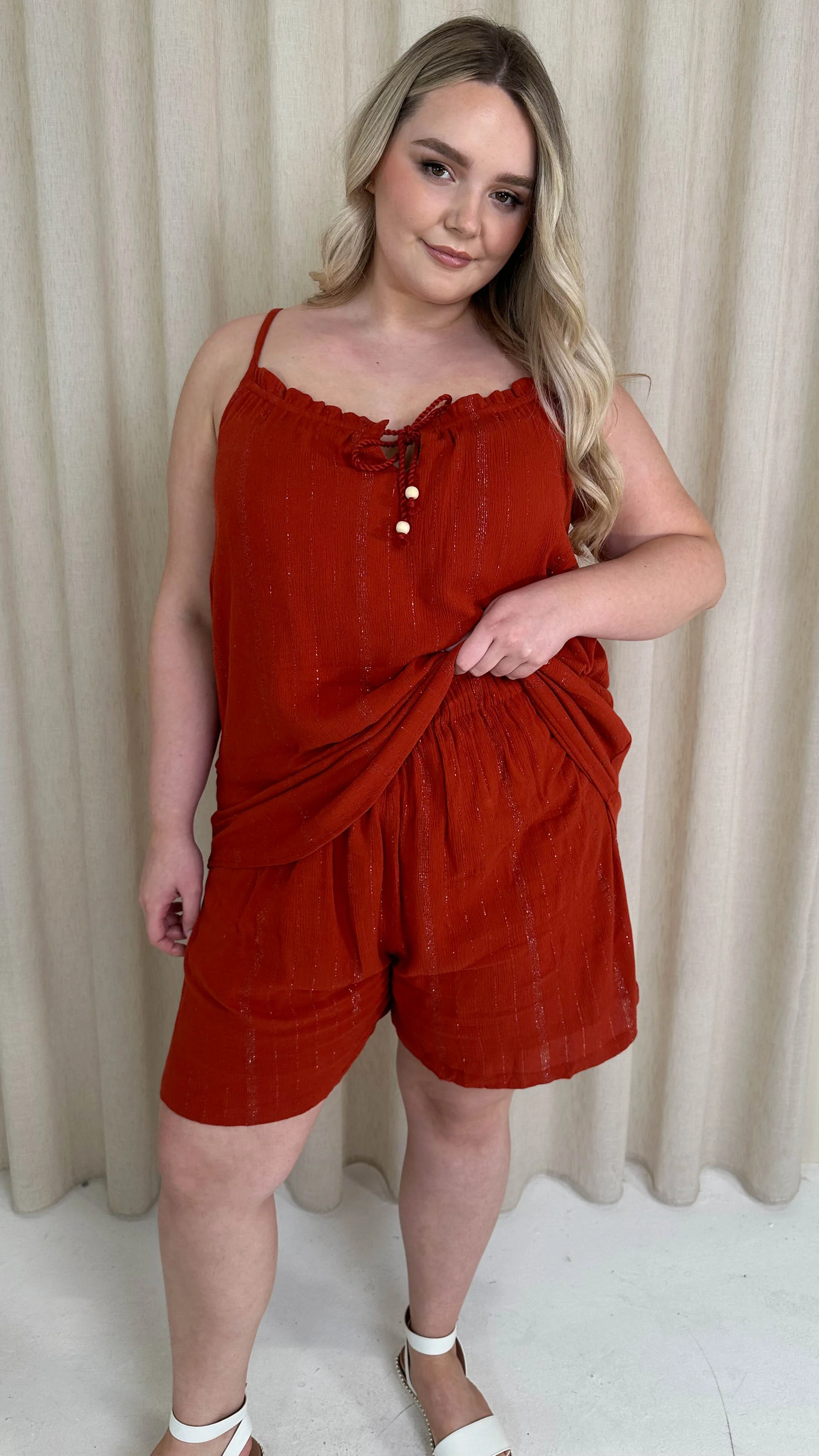 CurveWow Crepe Lurex Cami Top Rust - Image 2