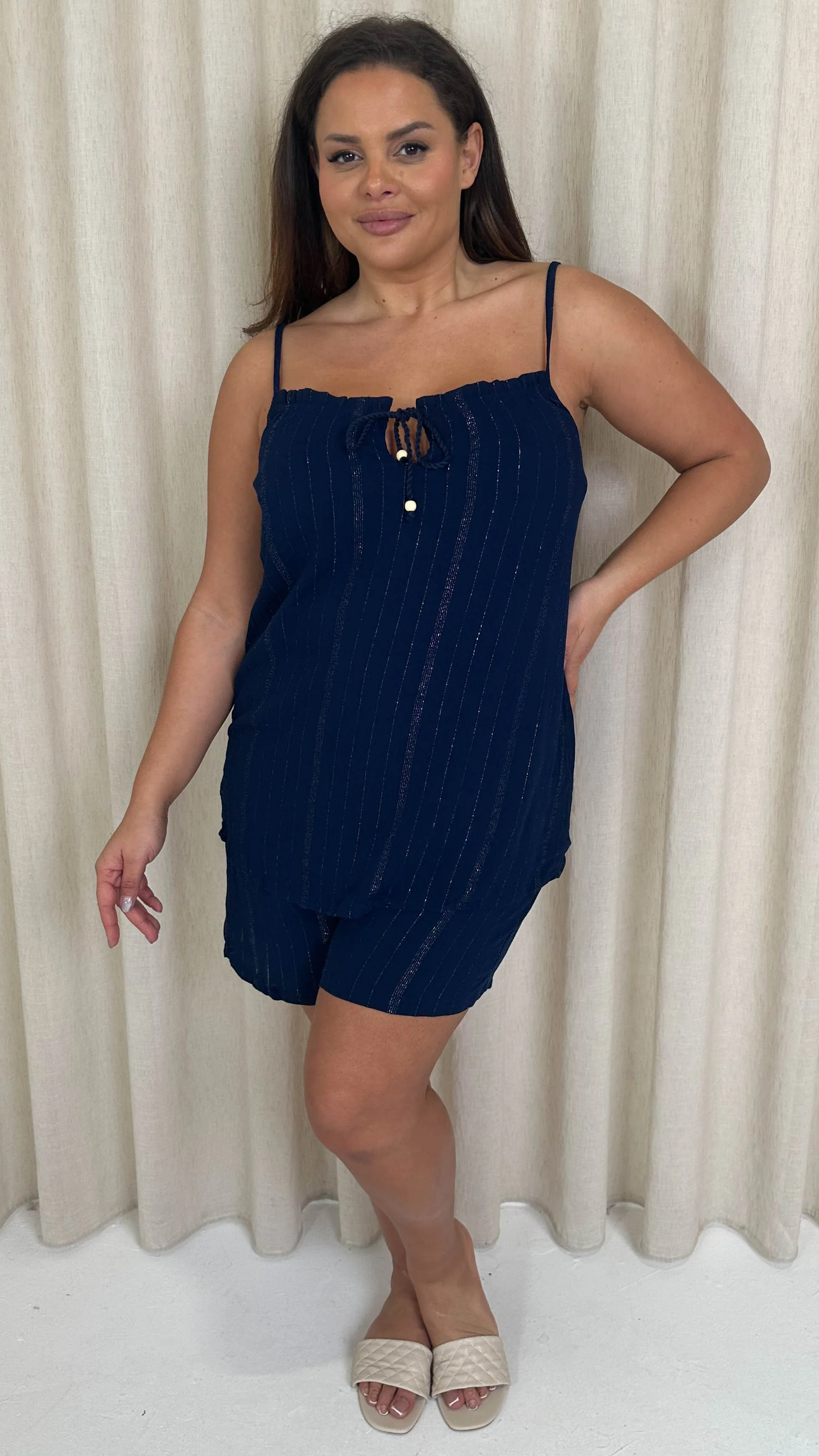 CurveWow Crepe Lurex Shorts Navy - Image 3