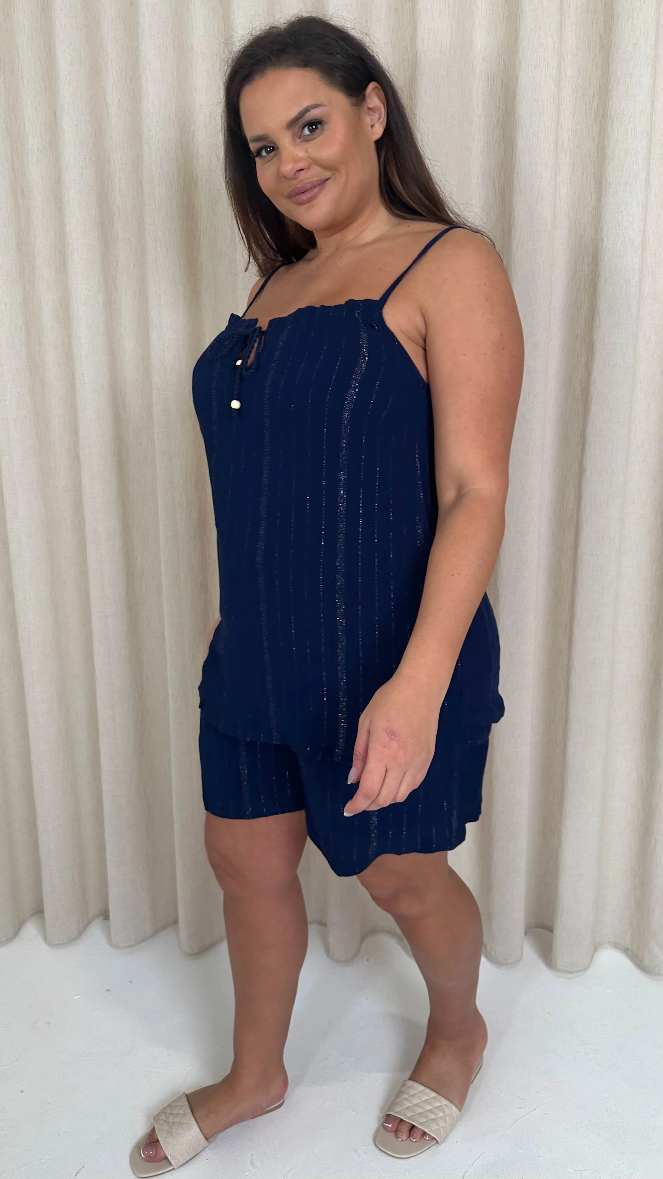 CurveWow Crepe Lurex Shorts Navy - Image 5