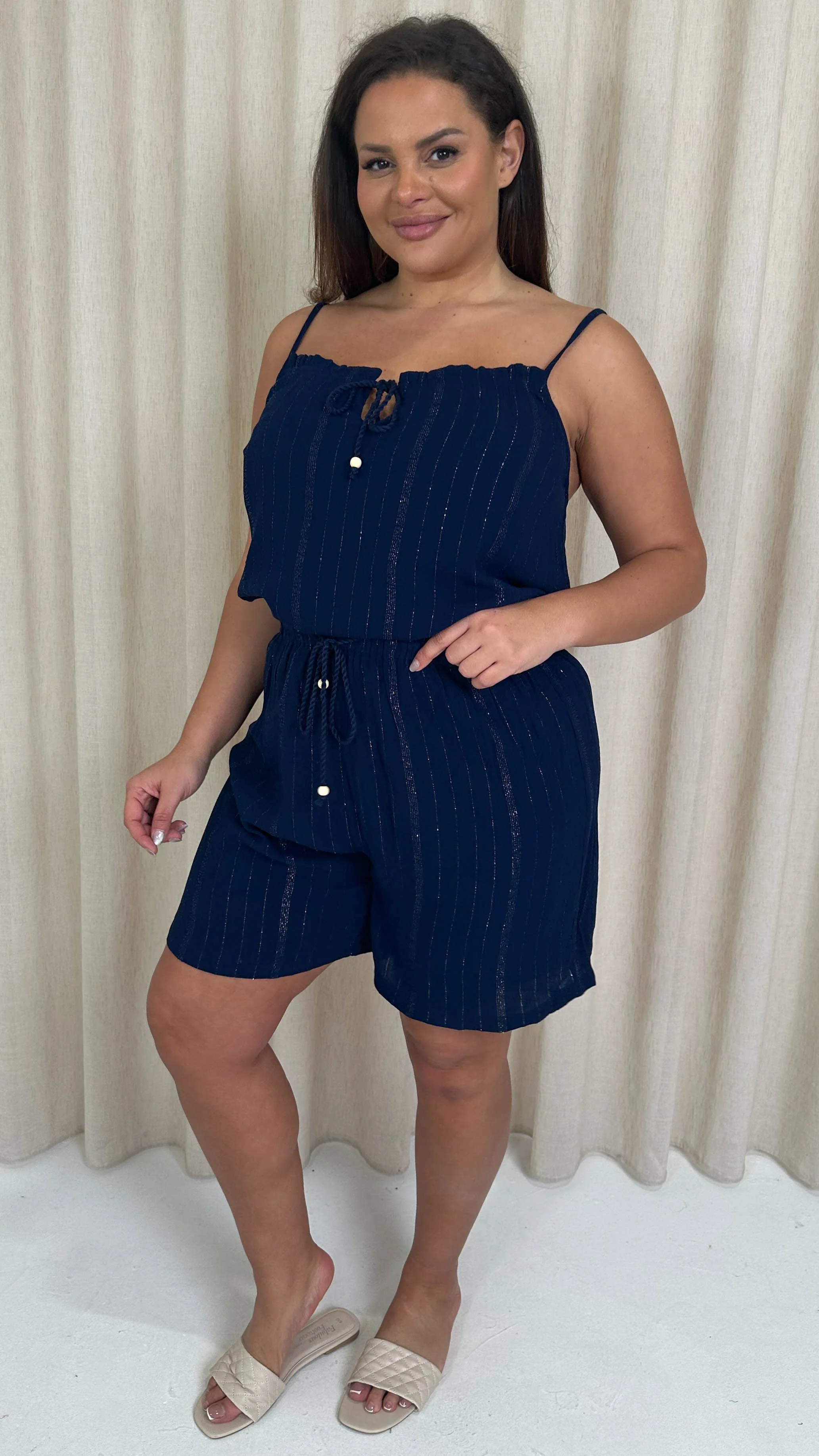 CurveWow Crepe Lurex Shorts Navy - Image 6