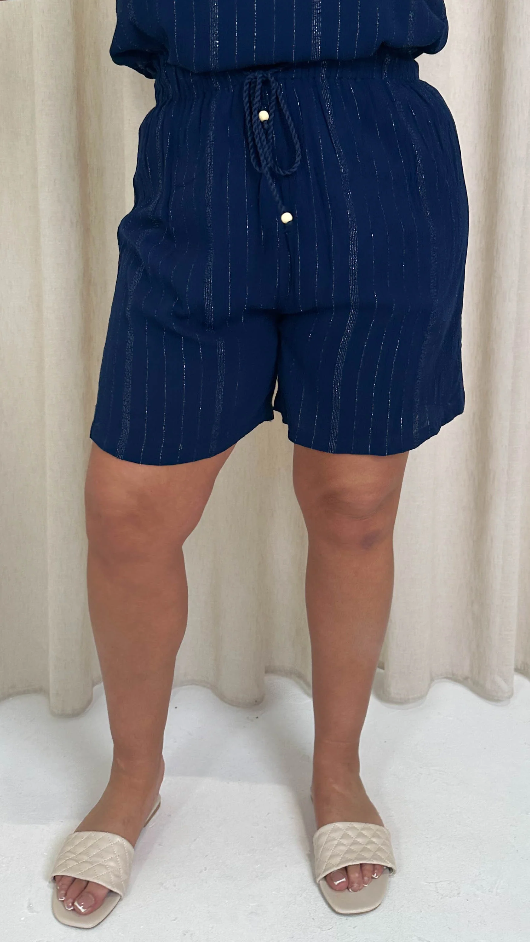 CurveWow Crepe Lurex Shorts Navy - Image 7