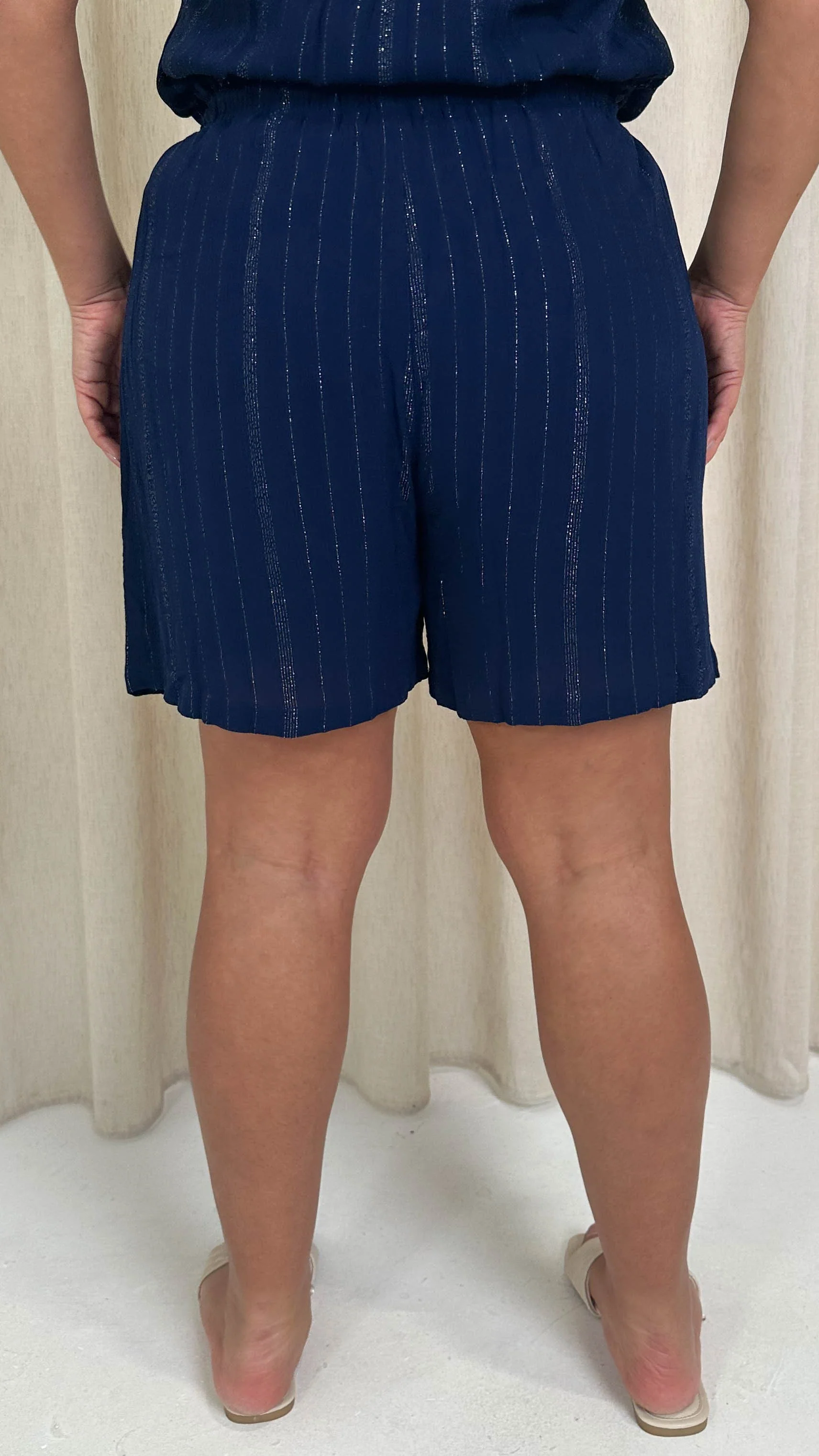 CurveWow Crepe Lurex Shorts Navy - Image 9