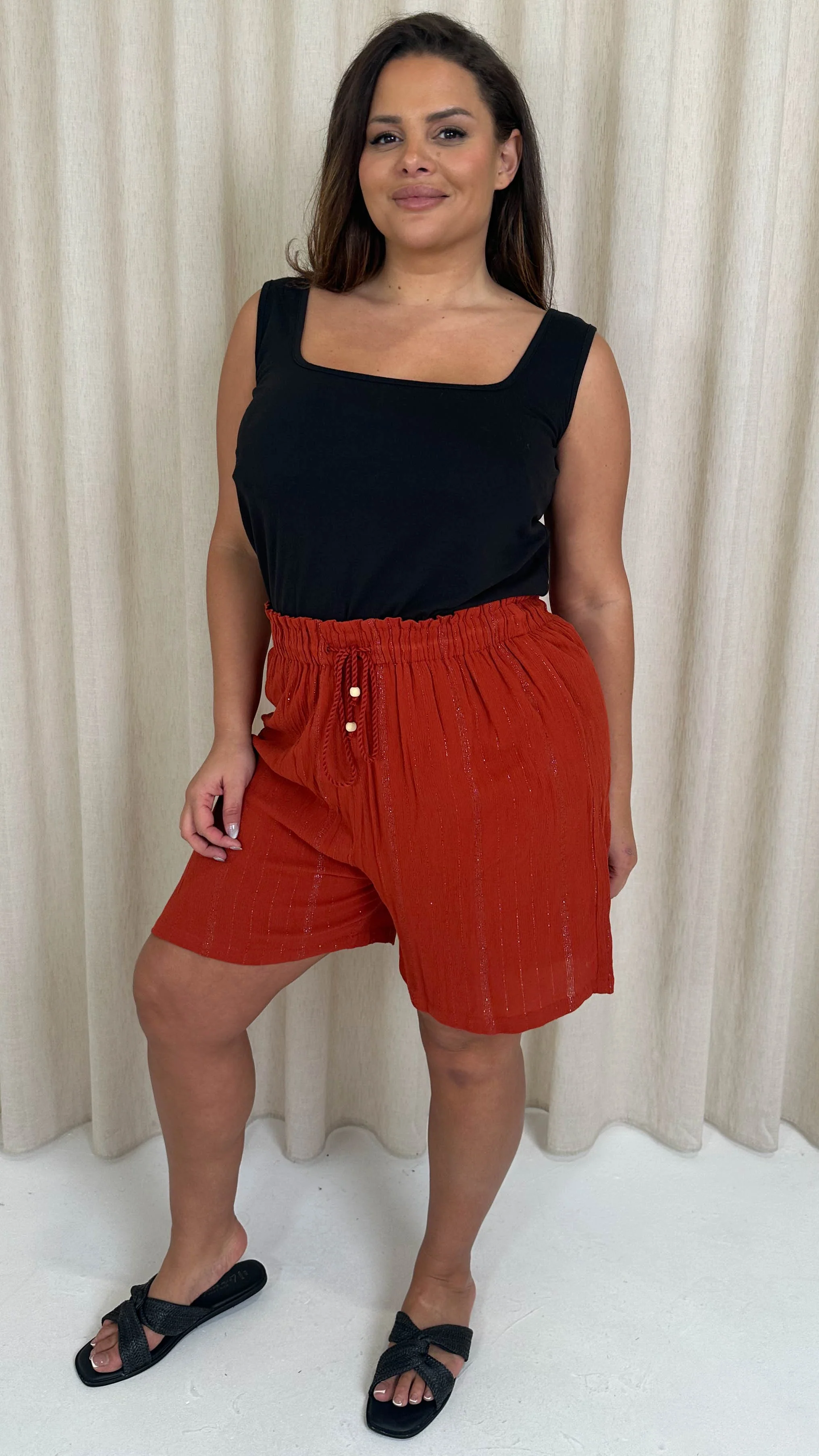 CurveWow Crepe Lurex Shorts Rust - Image 6