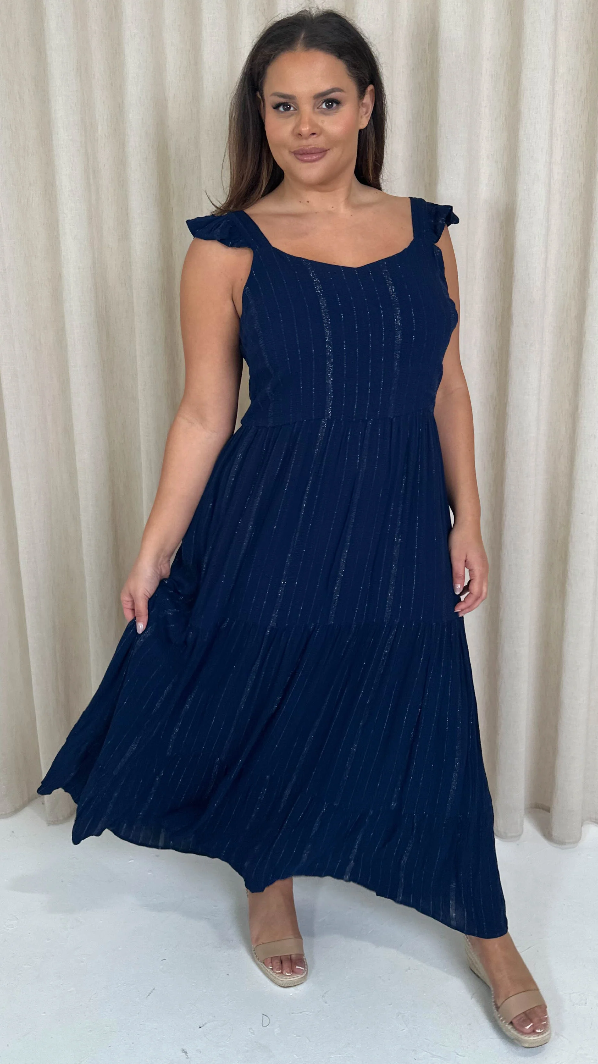 CurveWow Lurex Tiered Bow Back Maxi Dress Navy - Image 3