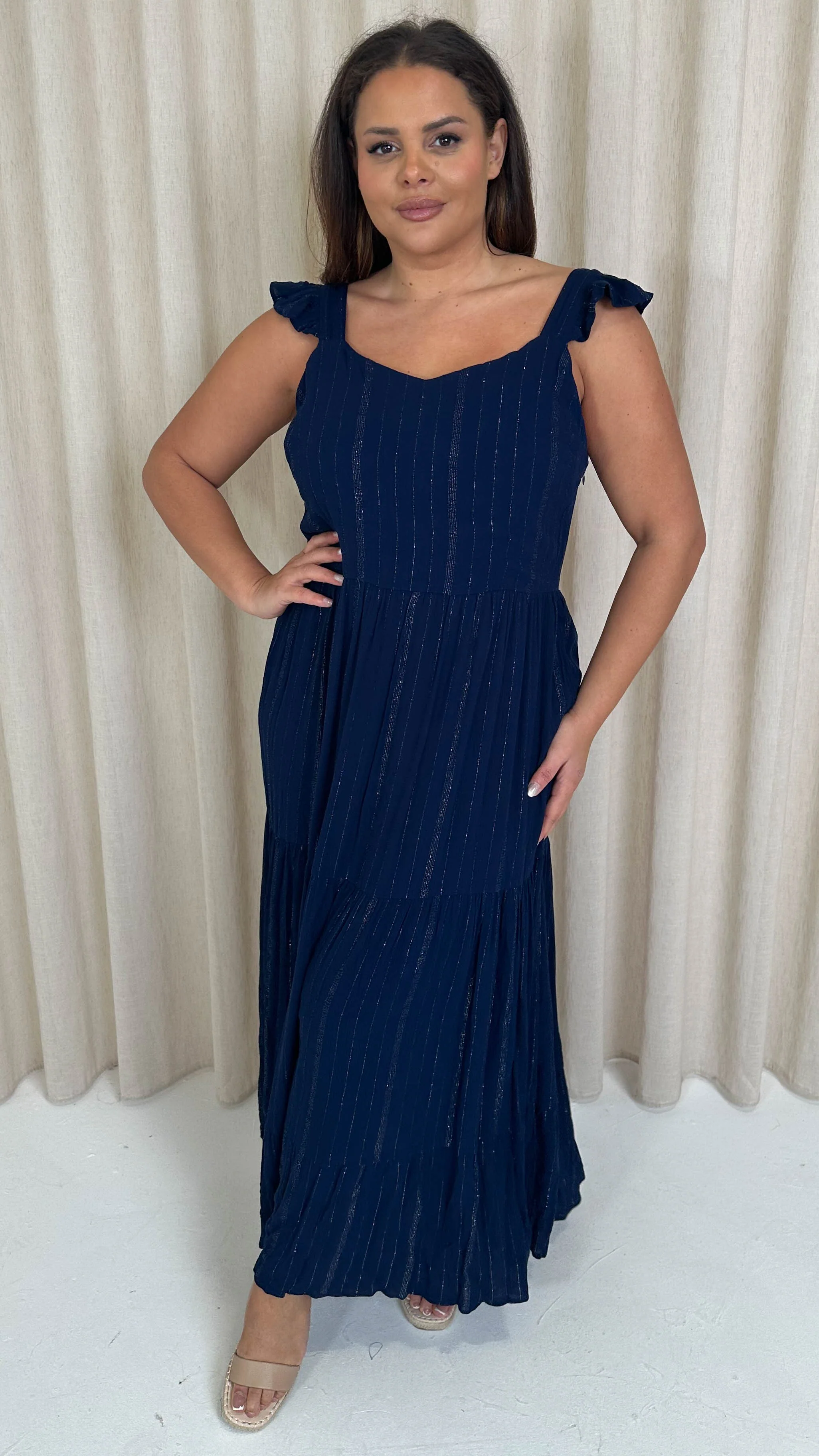 CurveWow Lurex Tiered Bow Back Maxi Dress Navy - Image 4