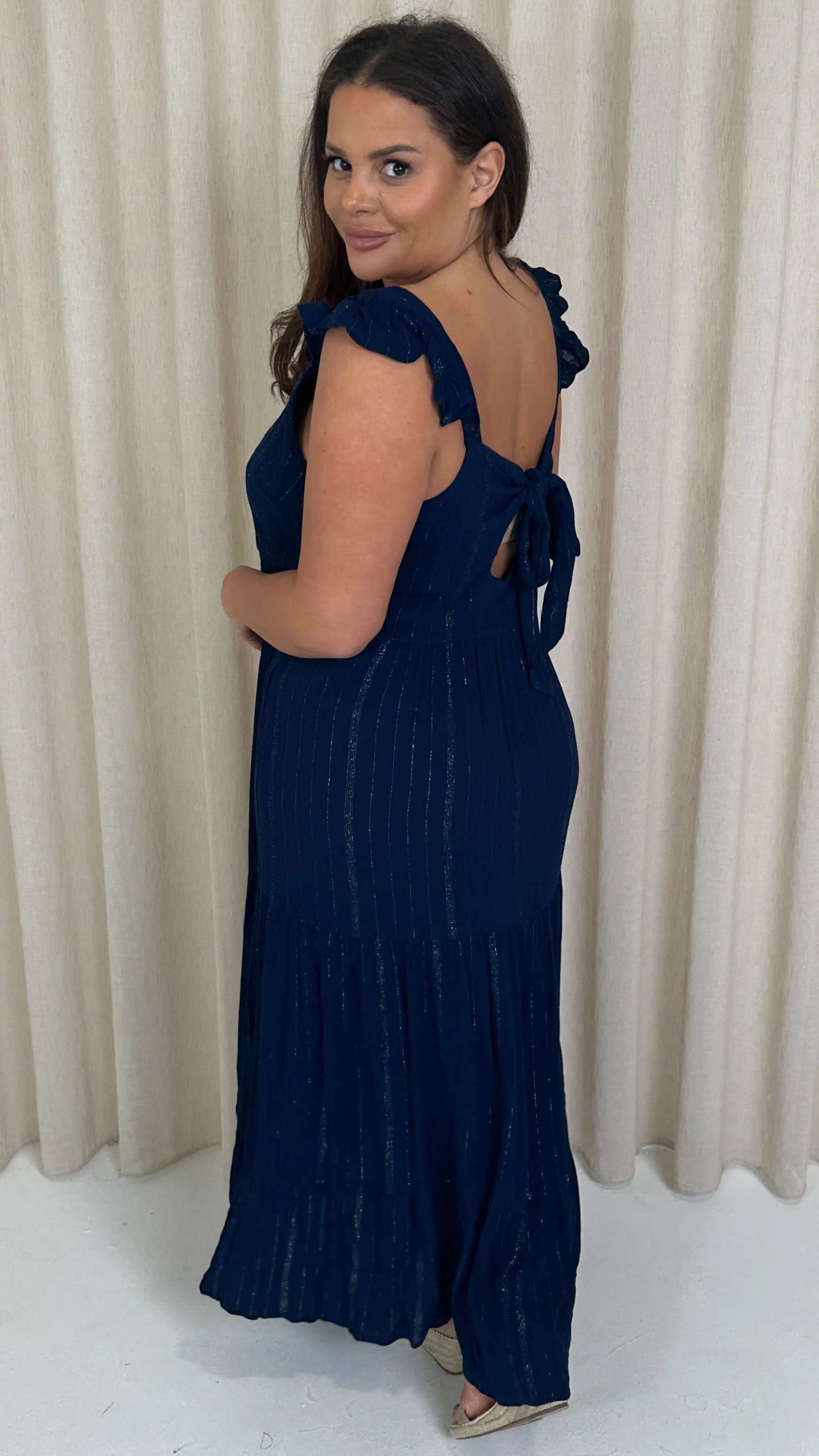 CurveWow Lurex Tiered Bow Back Maxi Dress Navy - Image 6