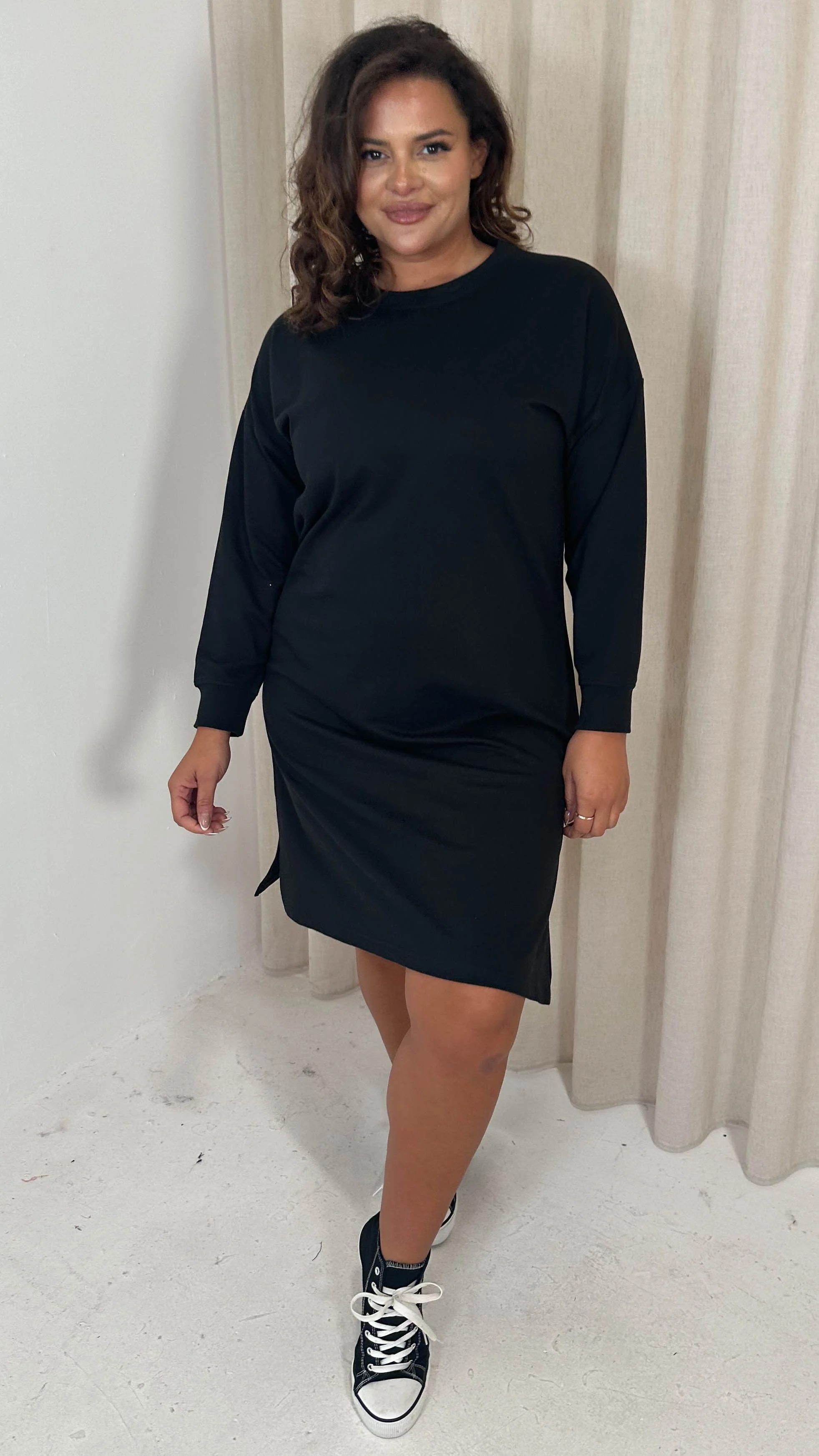 CurveWow Crew Neck Side Split Sweat Dress Black - Image 3
