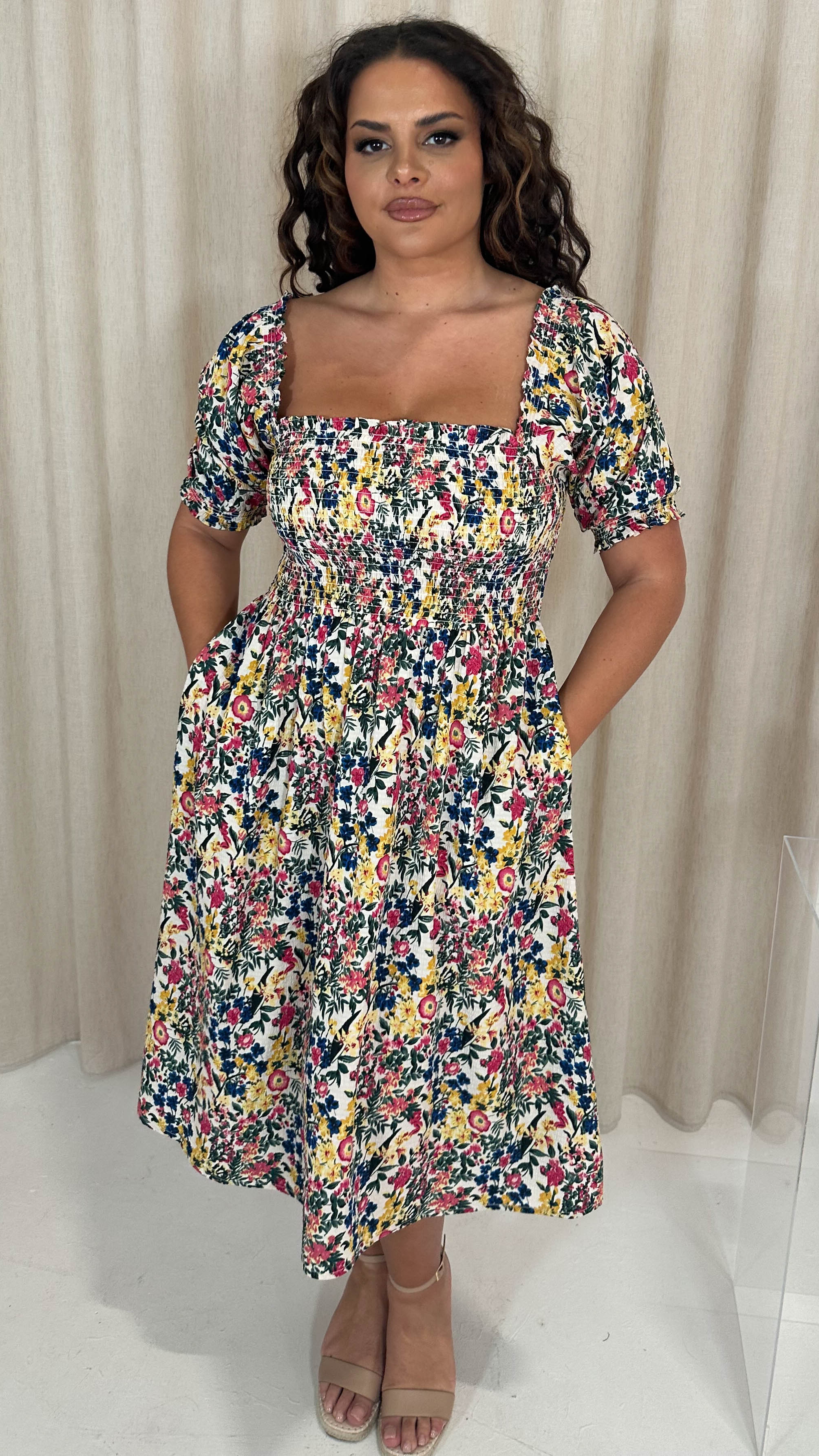 CurveWow Shirred Square Neck Midi Dress Multi Floral - Image 3