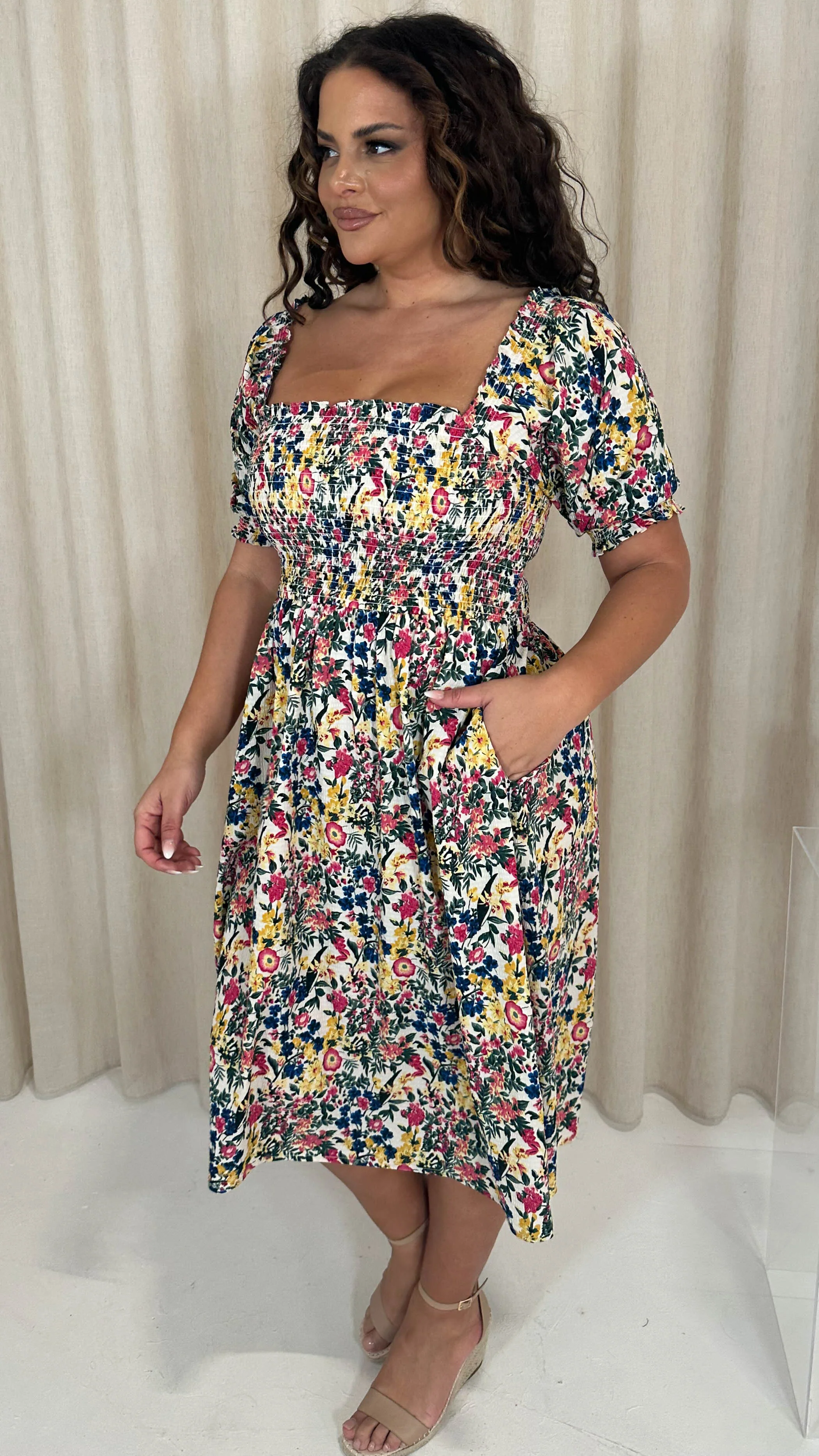 CurveWow Shirred Square Neck Midi Dress Multi Floral - Image 4