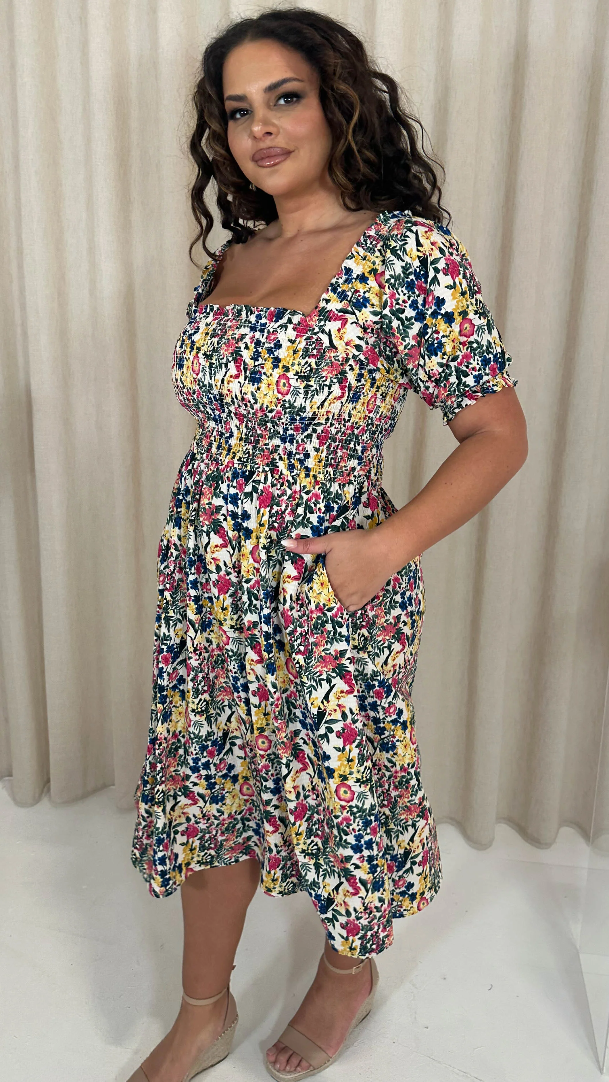 CurveWow Shirred Square Neck Midi Dress Multi Floral - Image 5