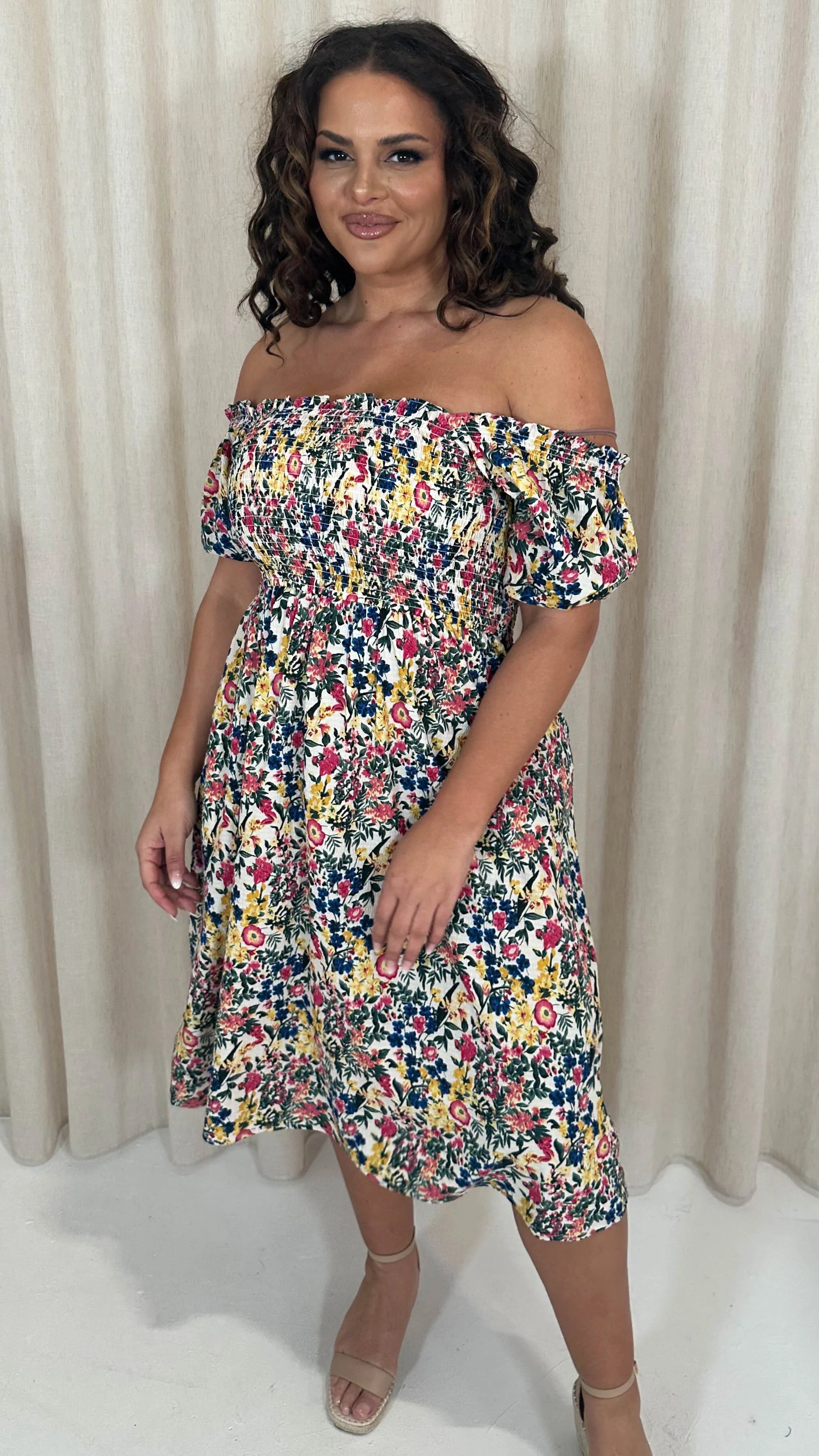 CurveWow Shirred Square Neck Midi Dress Multi Floral - Image 7