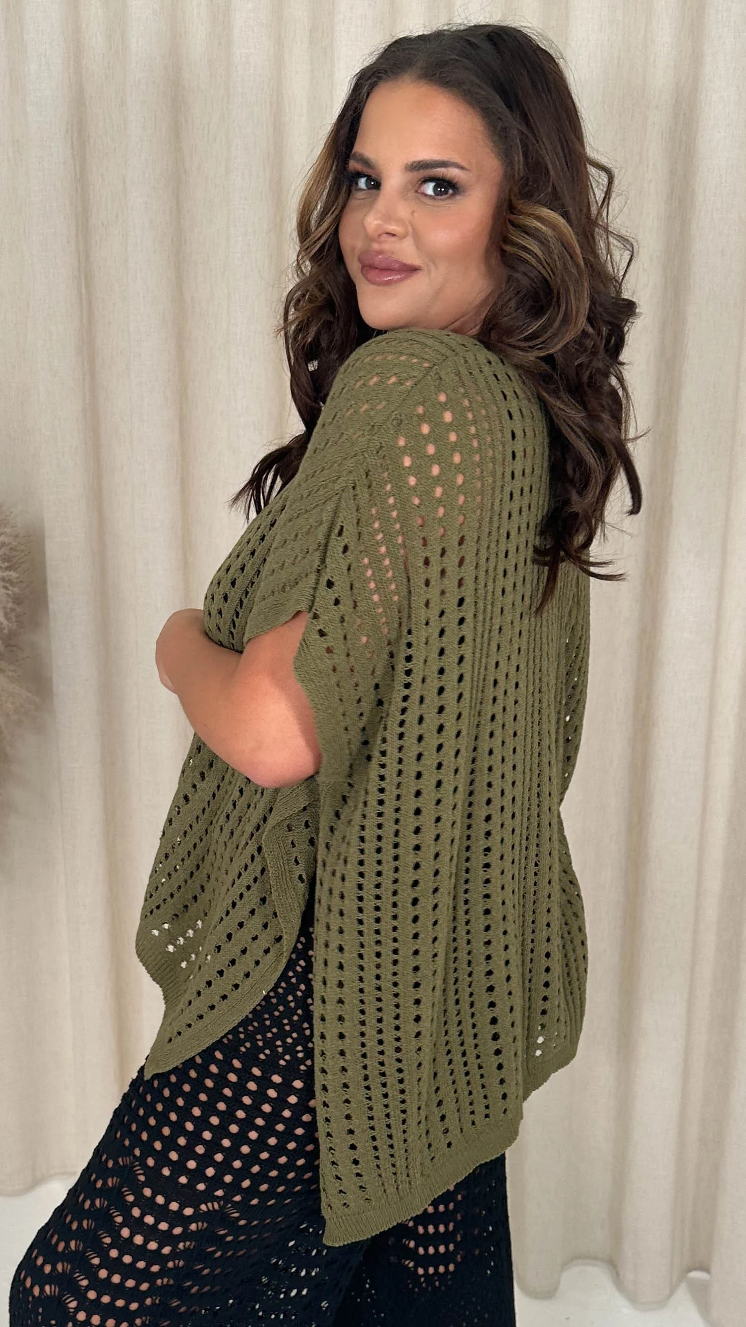 CurveWow Crochet Knitted V Neck Kaftan Khaki - Image 2