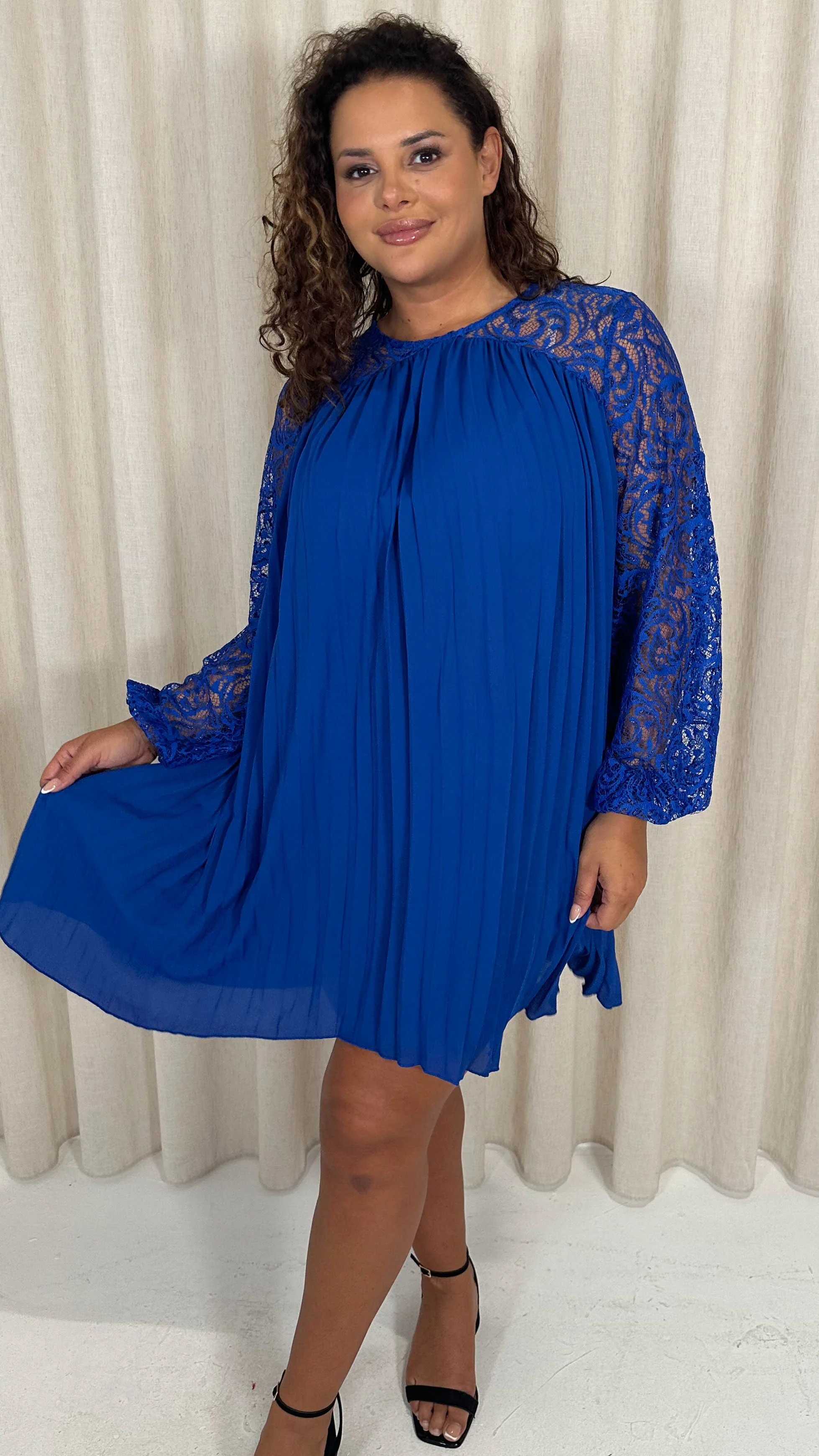 CurveWow Crochet Lace Pleated Swing Dress Cobalt Blue - Image 7