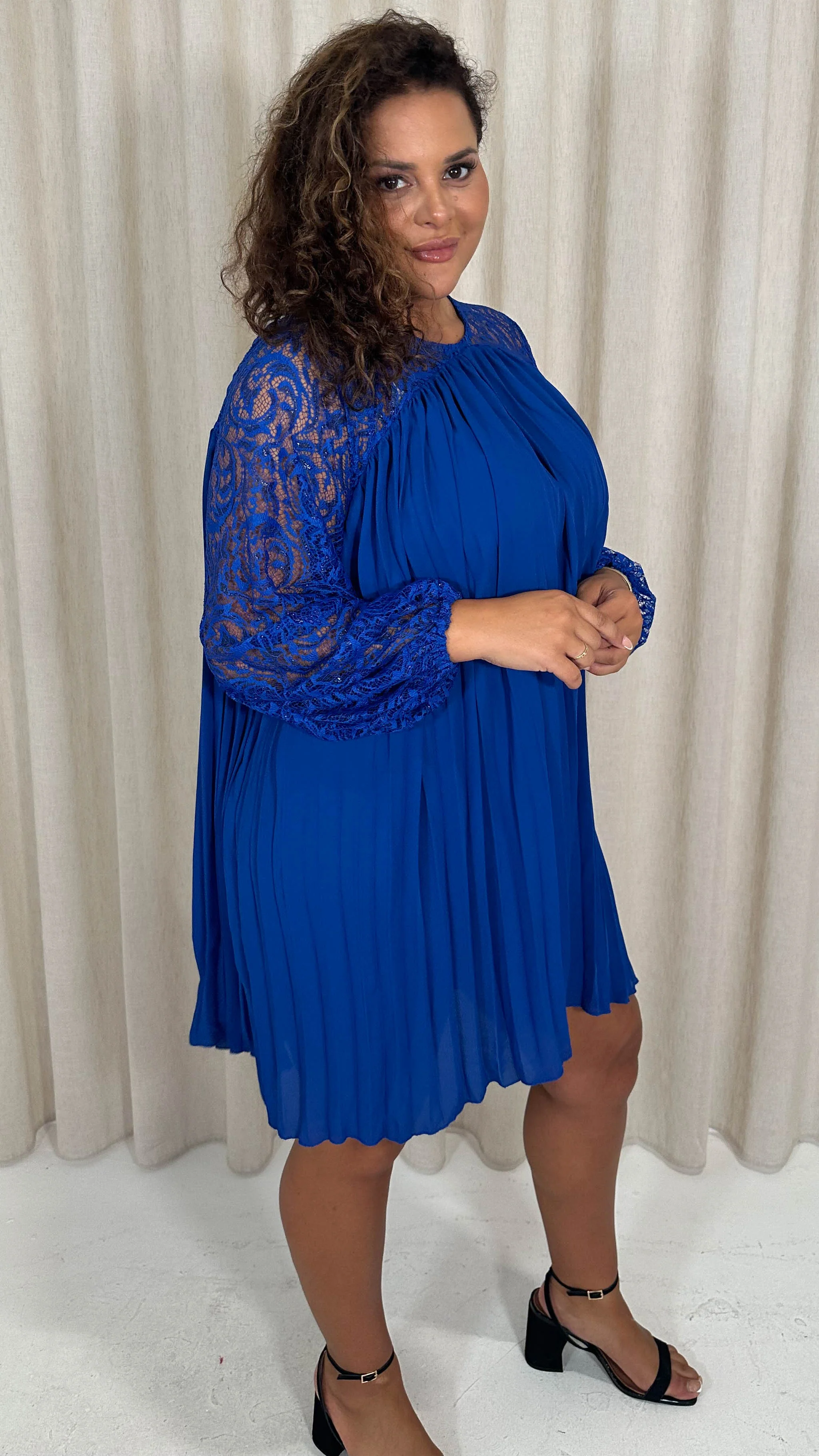 CurveWow Crochet Lace Pleated Swing Dress Cobalt Blue - Image 8