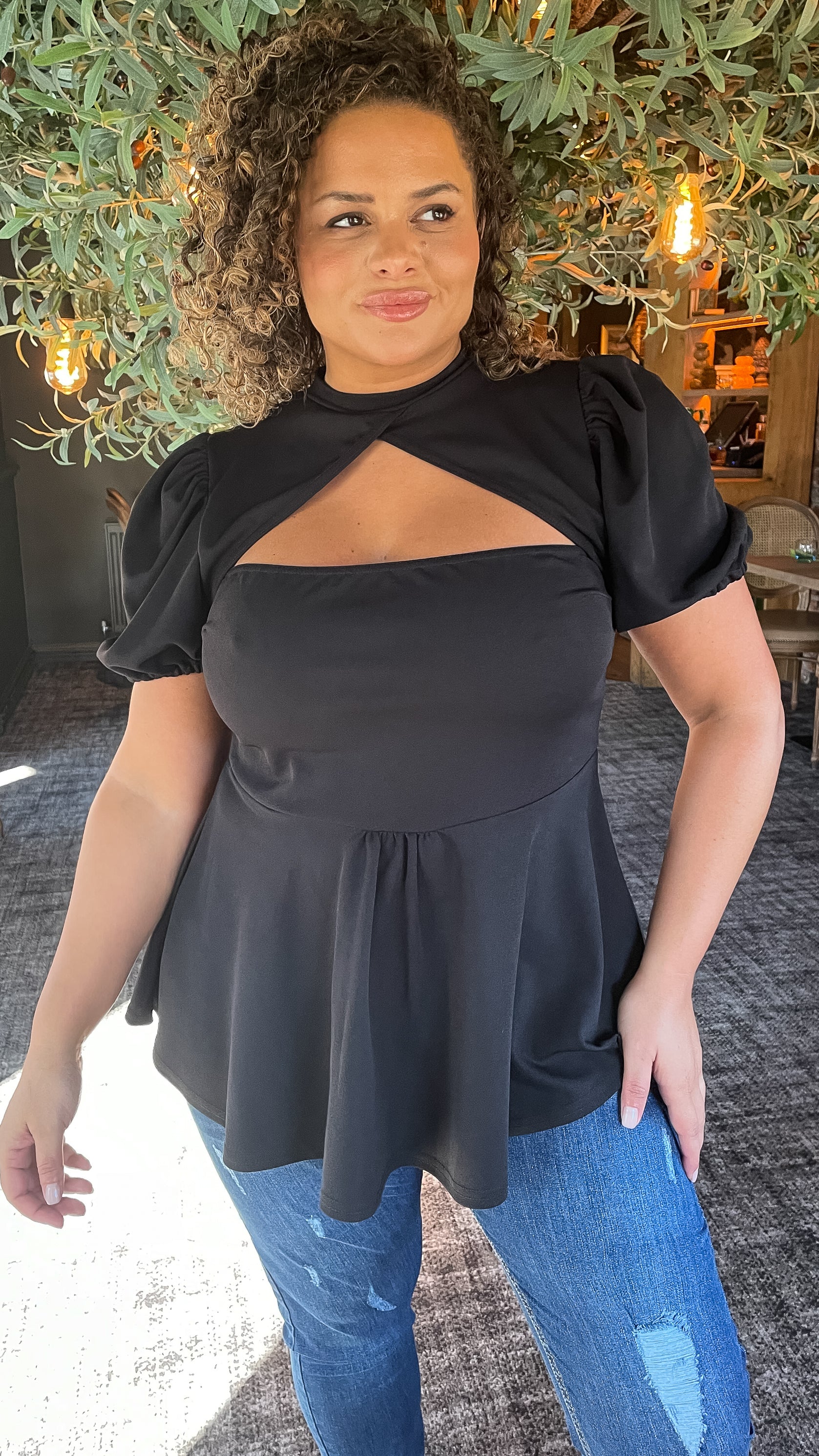 CurveWow Cut Out Peplum Top Black