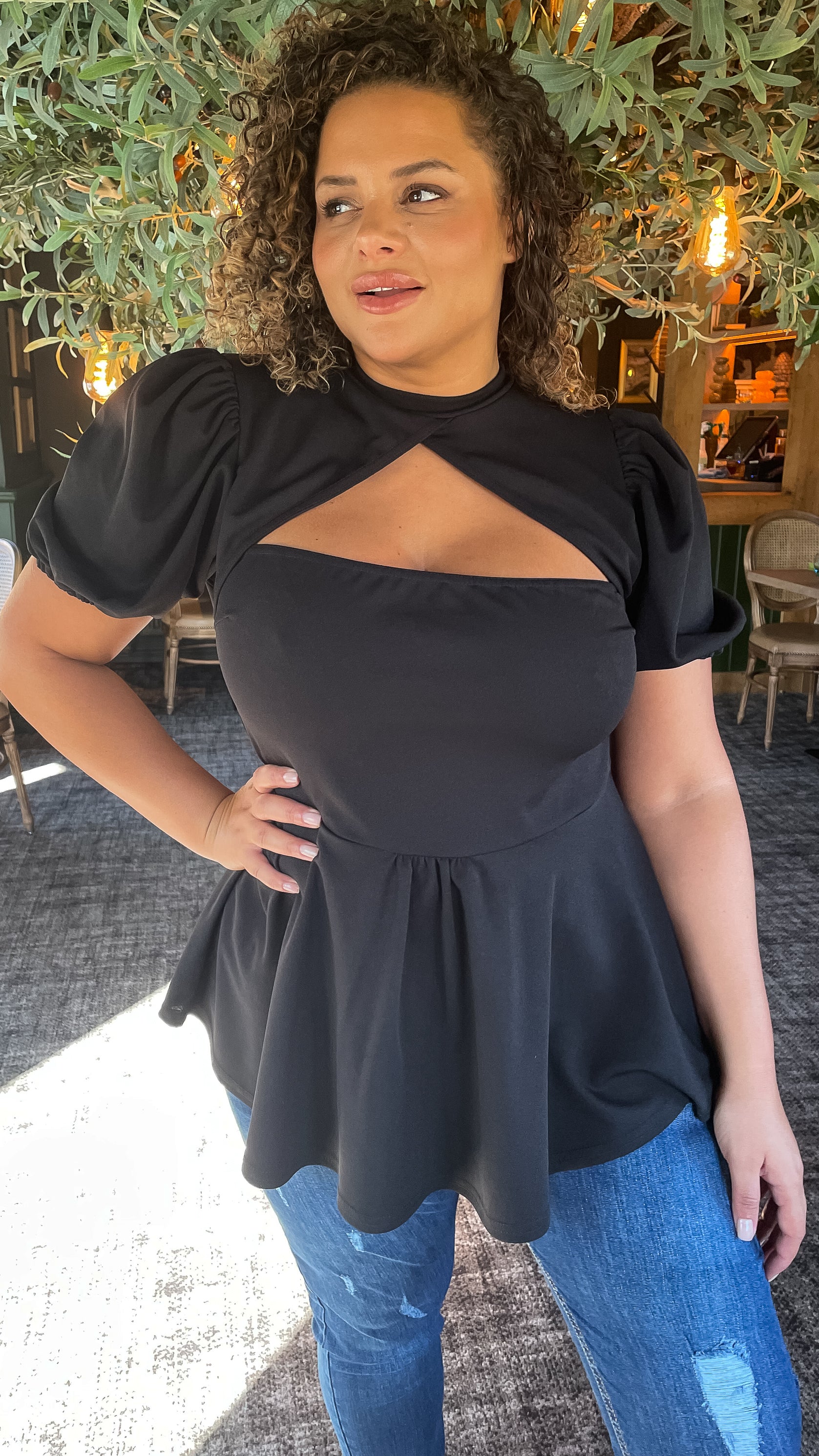 CurveWow Cut Out Peplum Top Black - Image 6