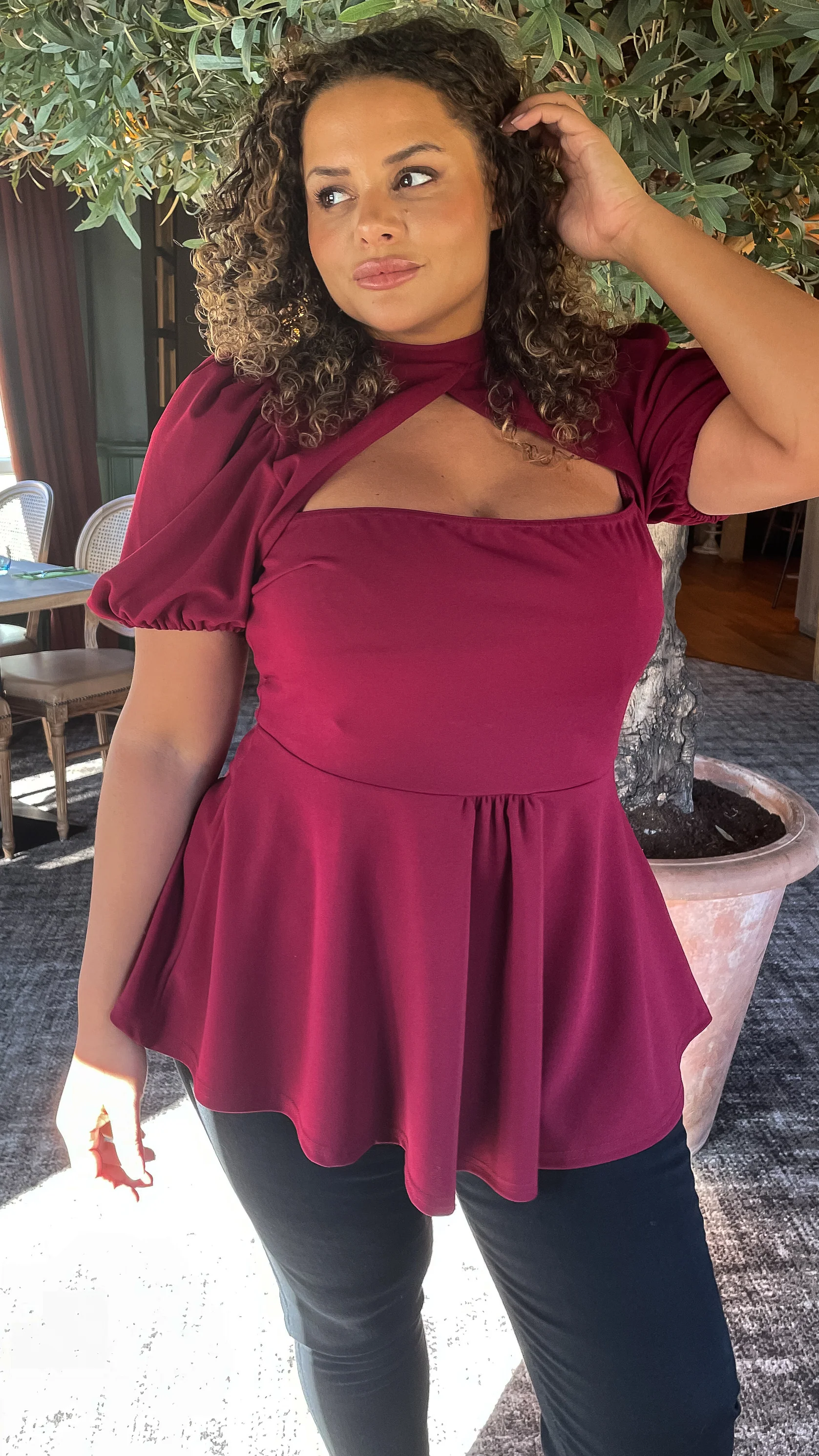 CurveWow Cut out Peplum Top Wine - Image 6