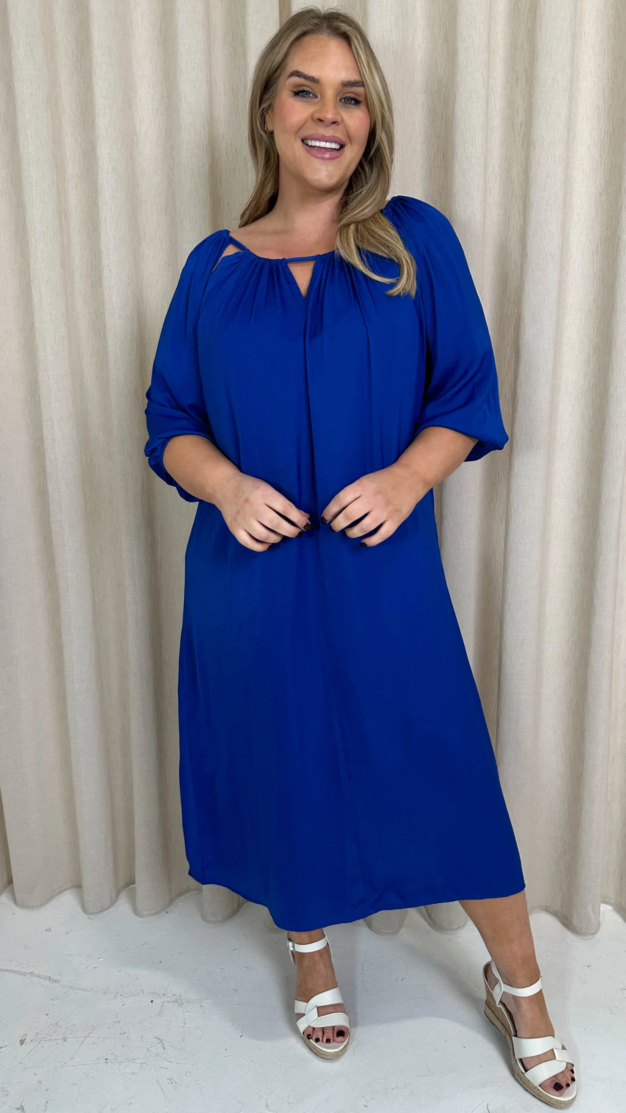 CurveWow Cut Out Shoulder Shift Dress Blue - Image 3