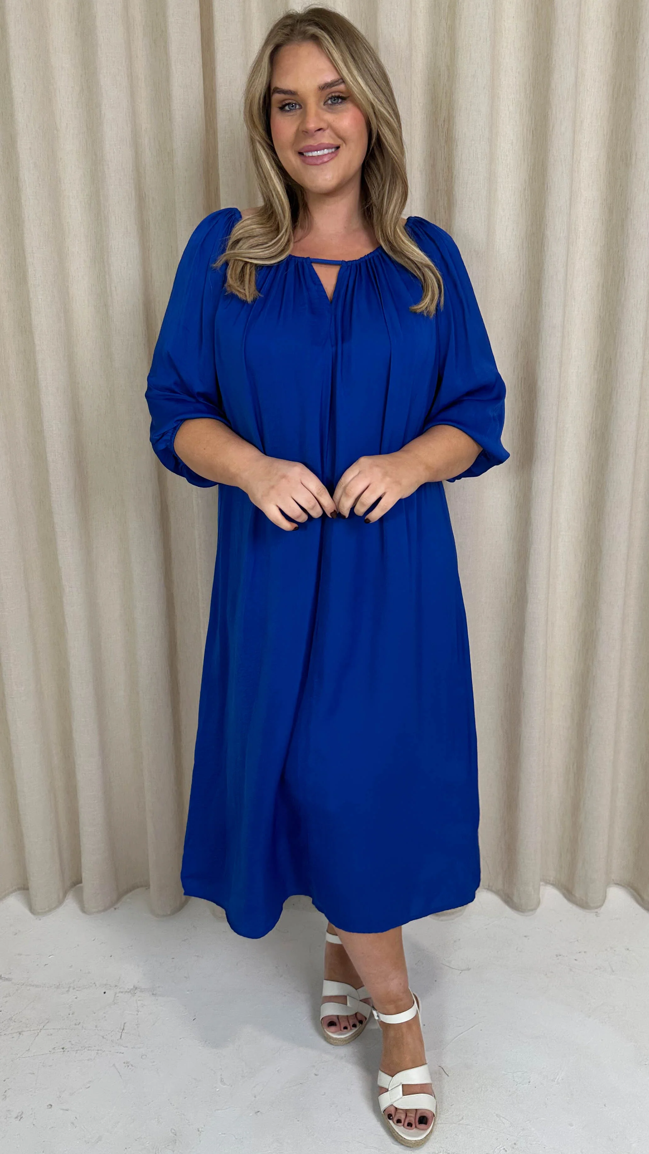 CurveWow Cut Out Shoulder Shift Dress Blue - Image 6