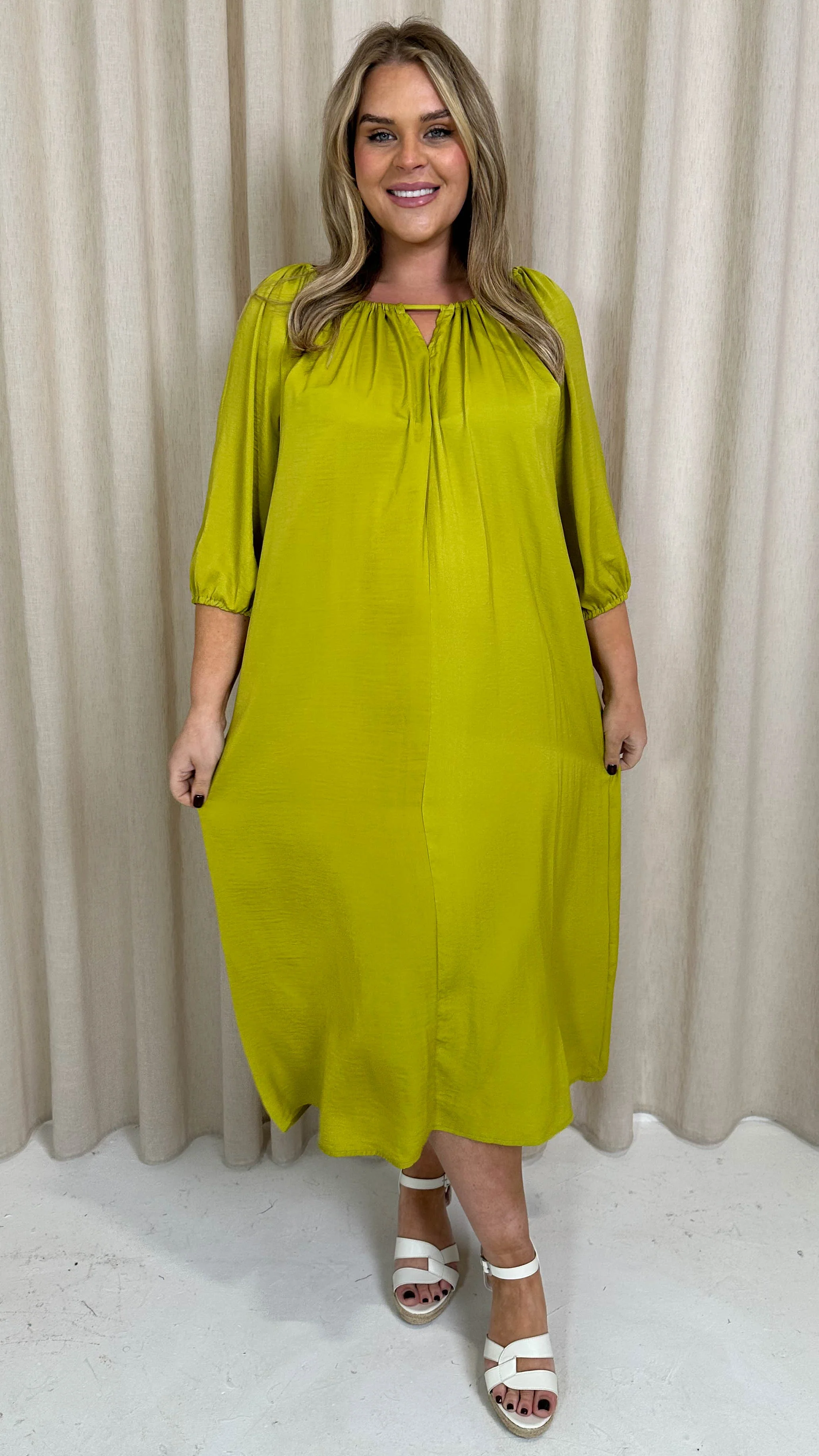 CurveWow Cut Out Shoulder Shift Dress Chartreuse - Image 3
