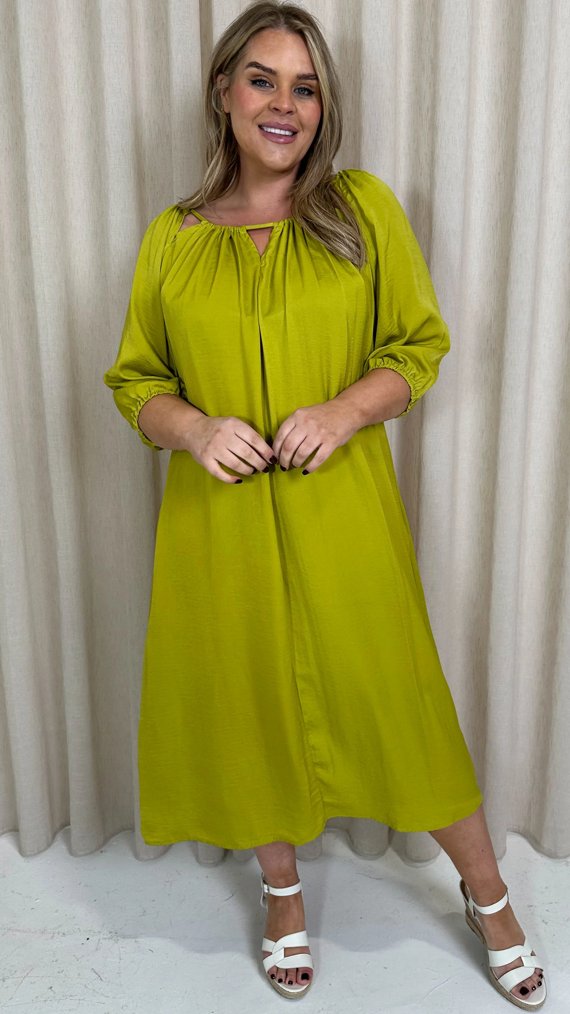 CurveWow Cut Out Shoulder Shift Dress Chartreuse - Image 6