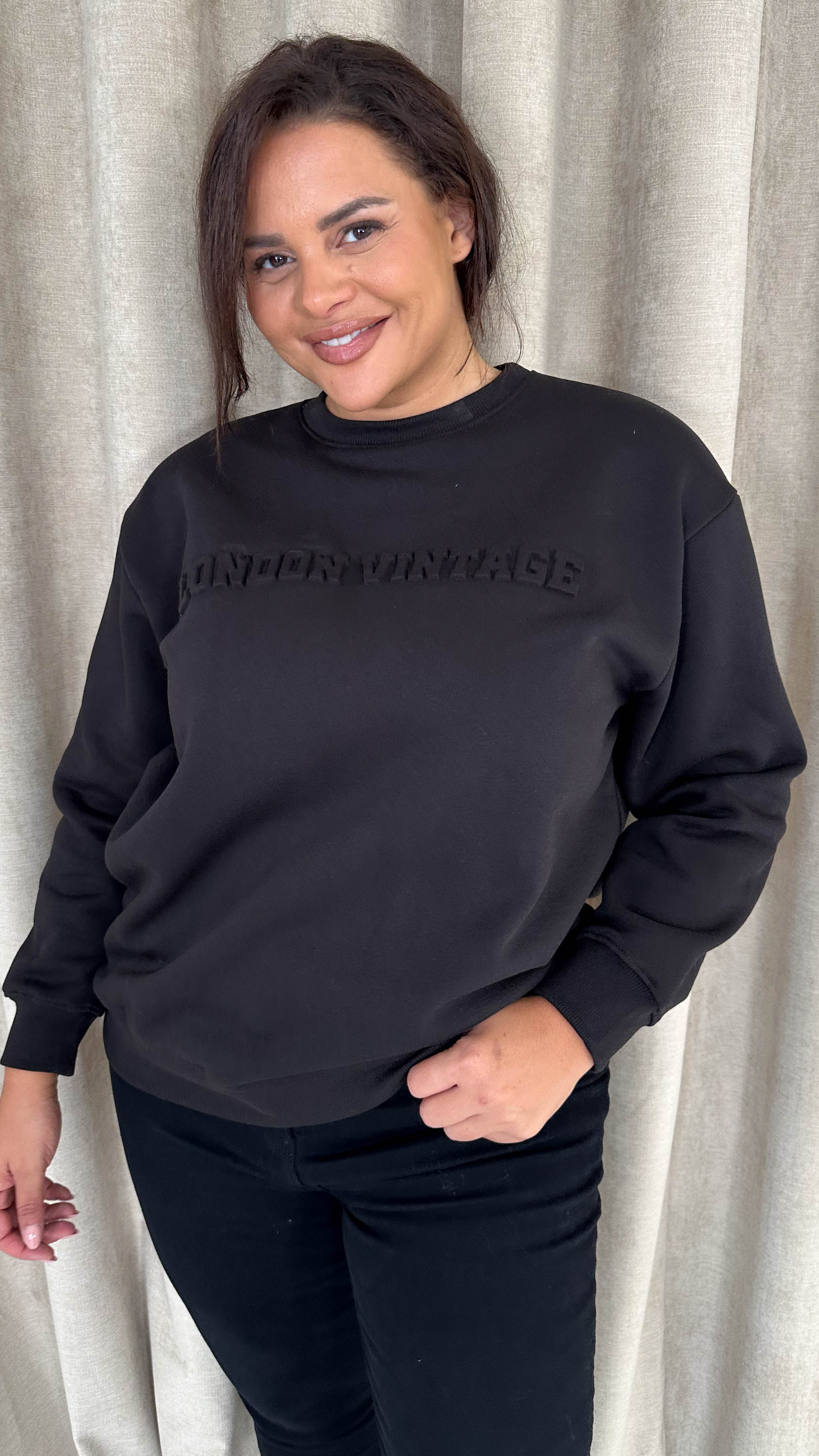 CurveWow Embossed 'London Vintage' Sweatshirt Black - Image 2
