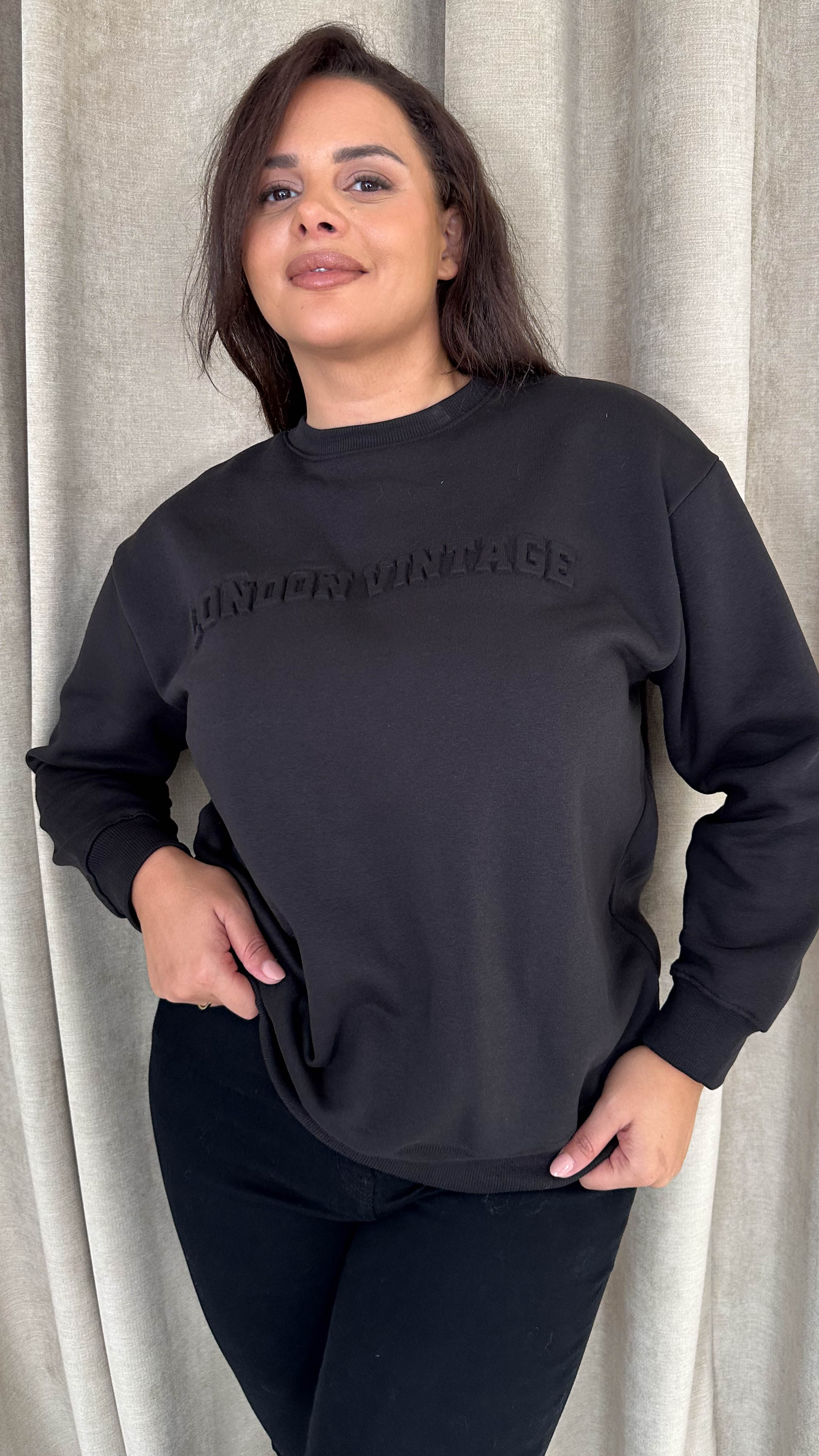 CurveWow Embossed 'London Vintage' Sweatshirt Black - Image 3