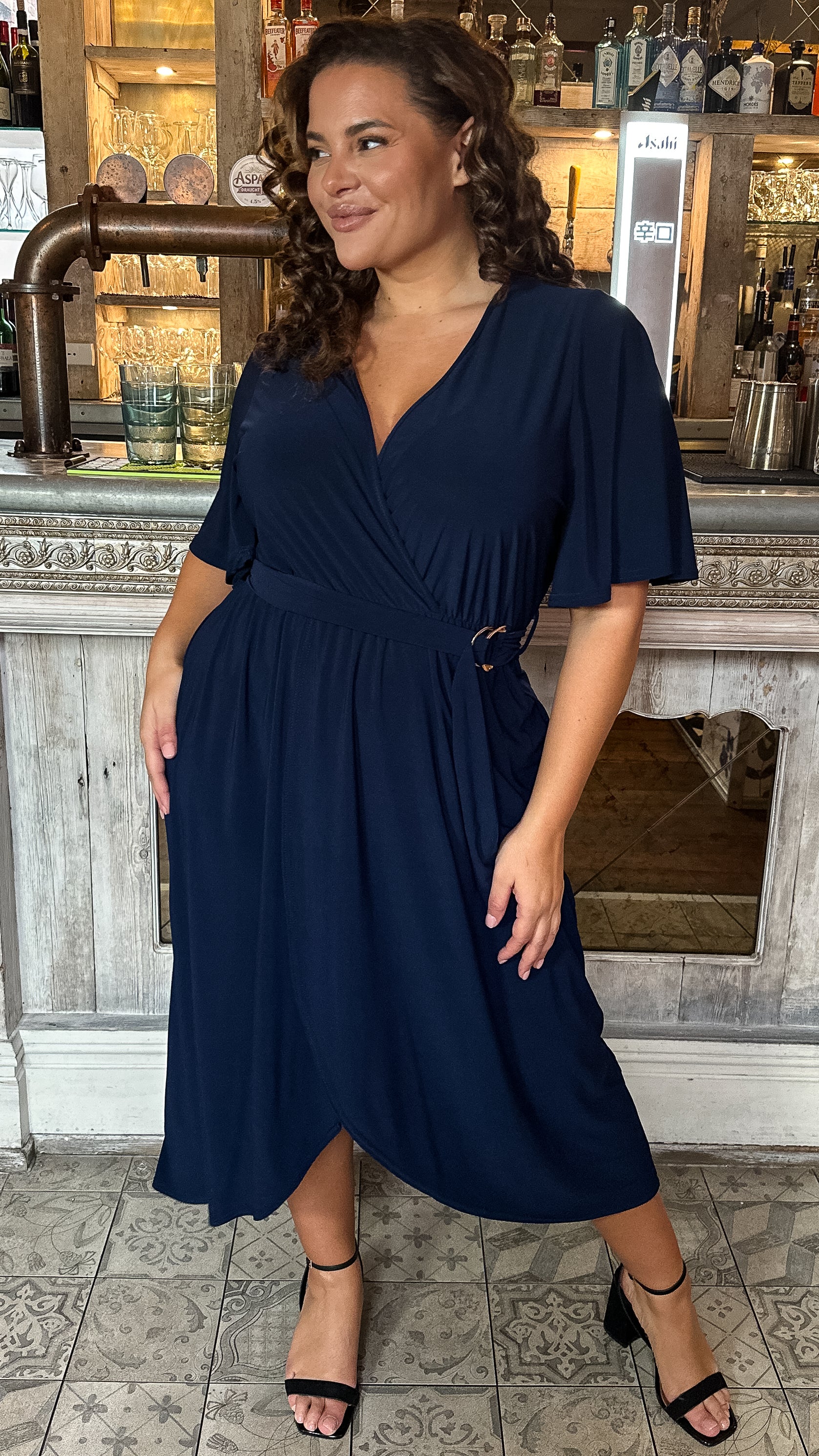 CurveWow D Ring Belted Wrap Dress Navy - Image 4
