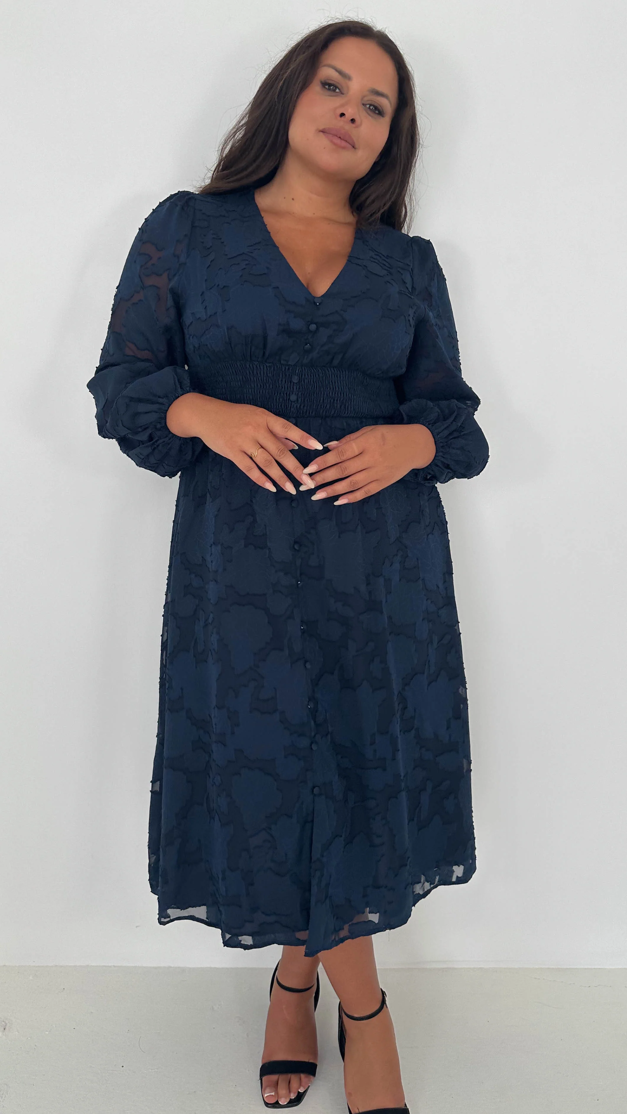 CurveWow Davore V-Neck Button Front Dress Navy - Image 6
