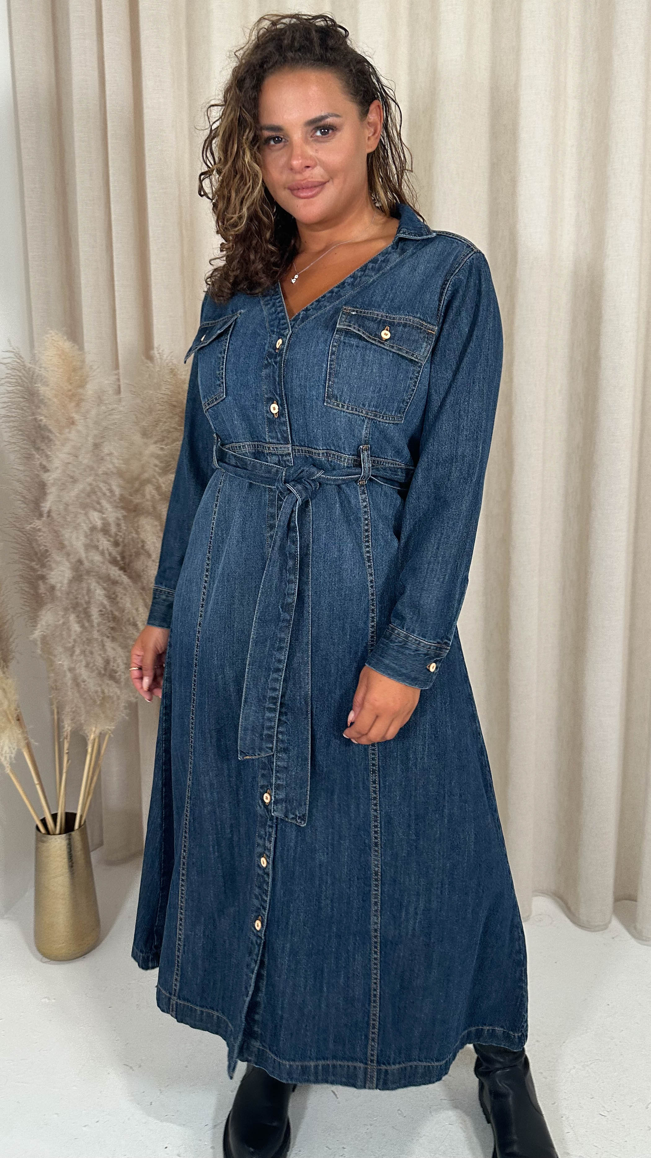 CurveWow Denim Belted Midaxi Shirt Dress Indigo Blue - Image 6