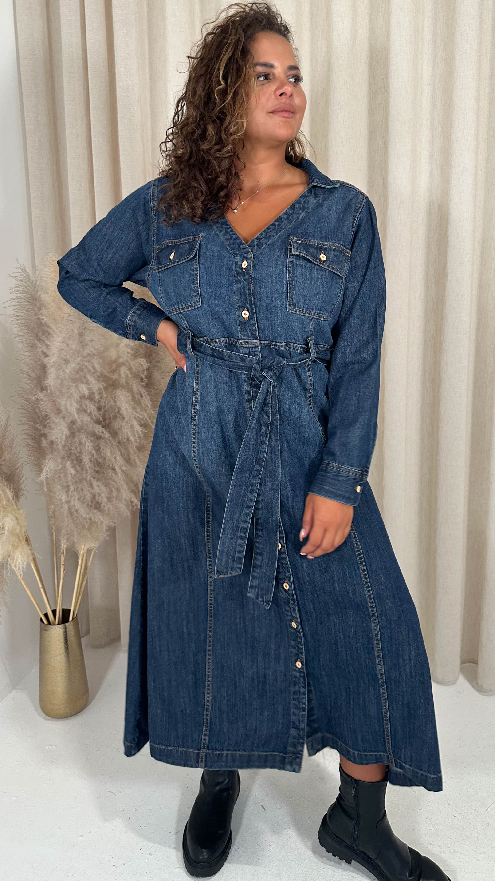 CurveWow Denim Belted Midaxi Shirt Dress Indigo Blue - Image 7