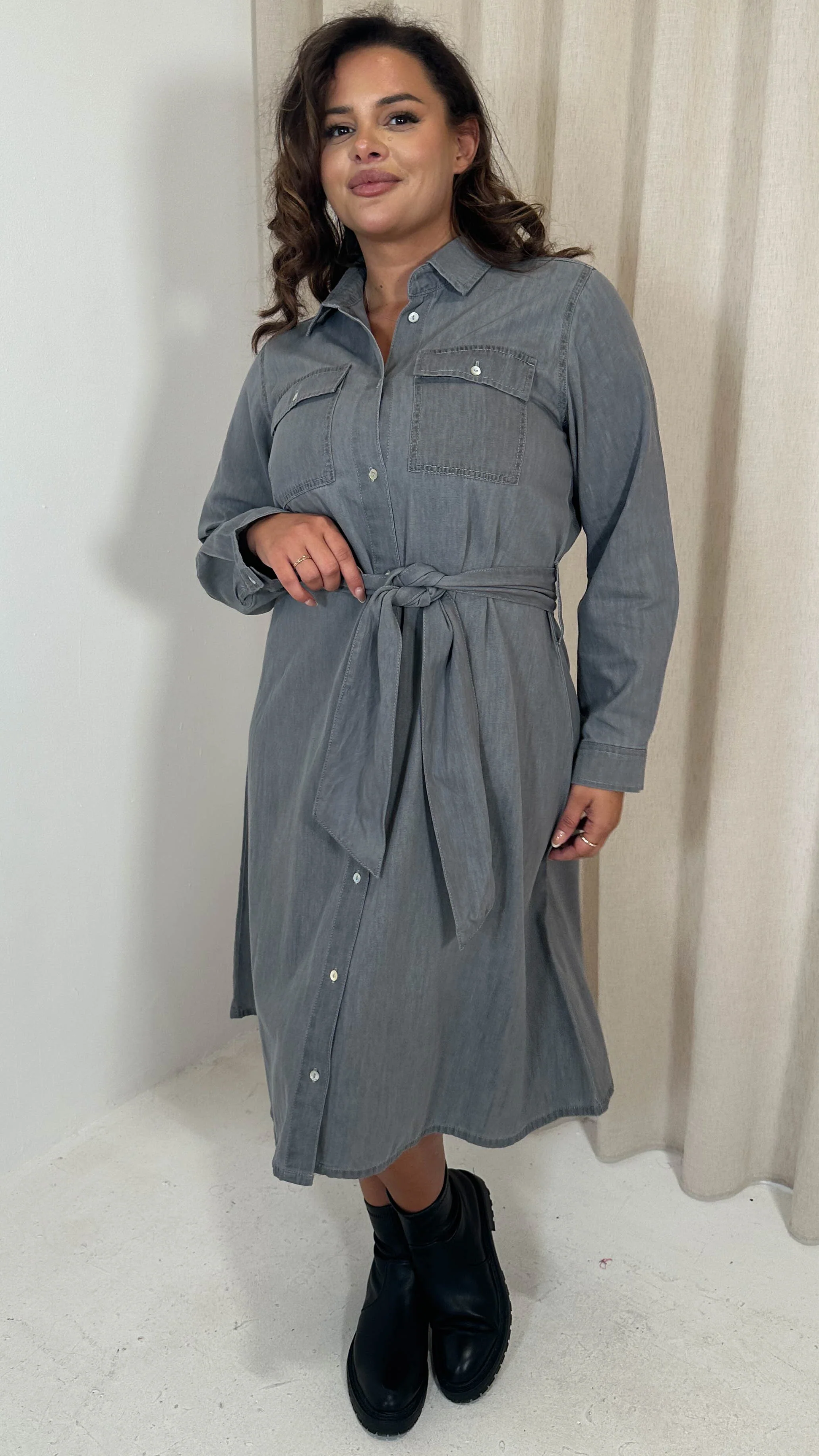 CurveWow Denim Belted Oversized Shirt Dress Grey Wash - Image 3