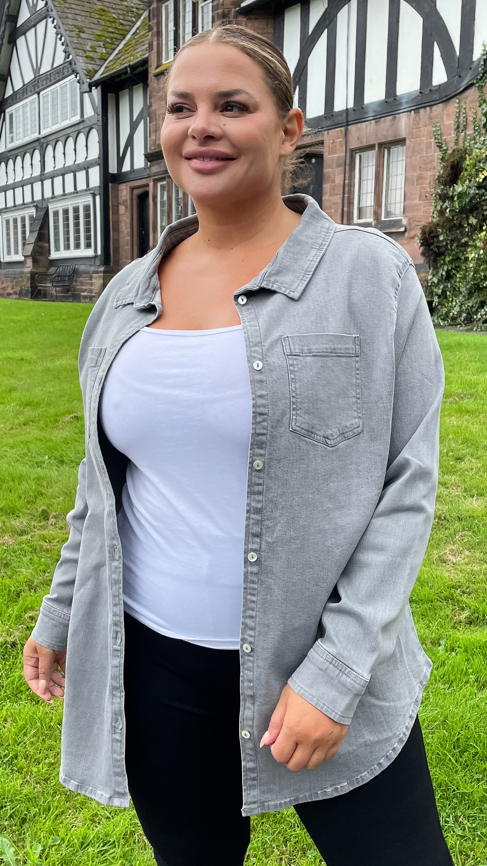 CurveWow Denim Oversized Shirt Charcoal Grey - Image 3