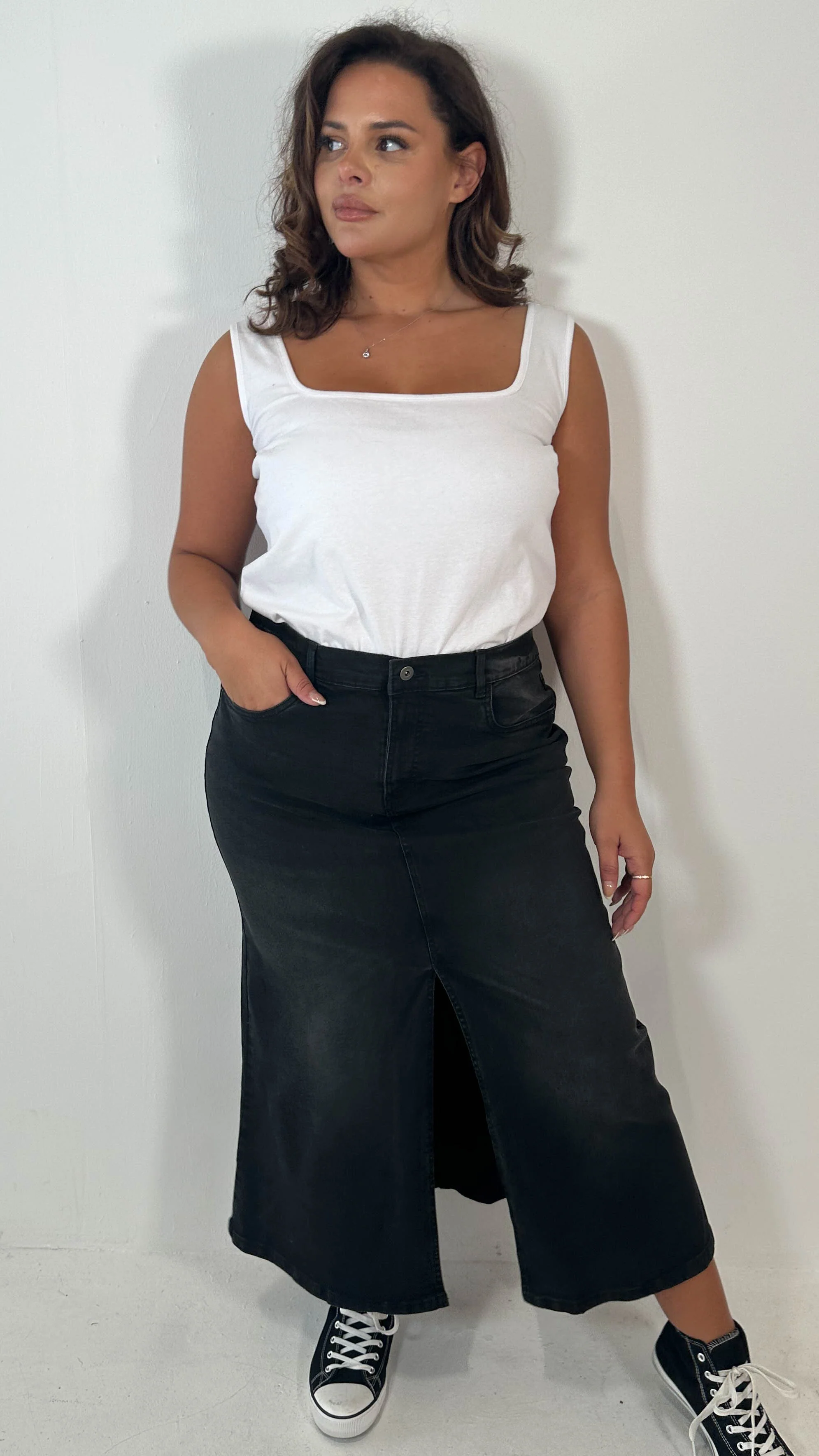 CurveWow Denim Split Front Midaxi Skirt Black - Image 5