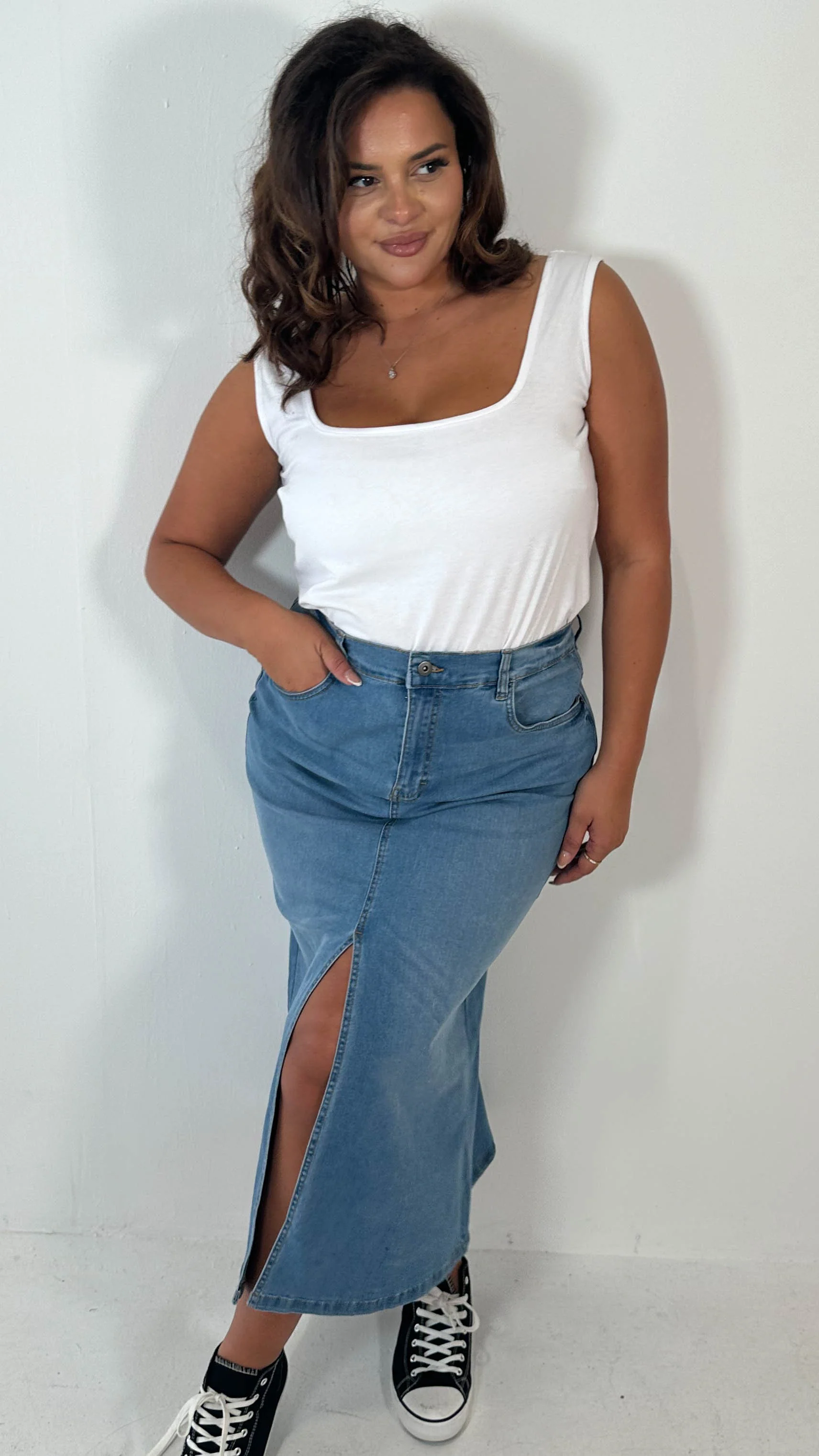CurveWow Denim Split Front Midaxi Skirt Mid Blue - Image 3