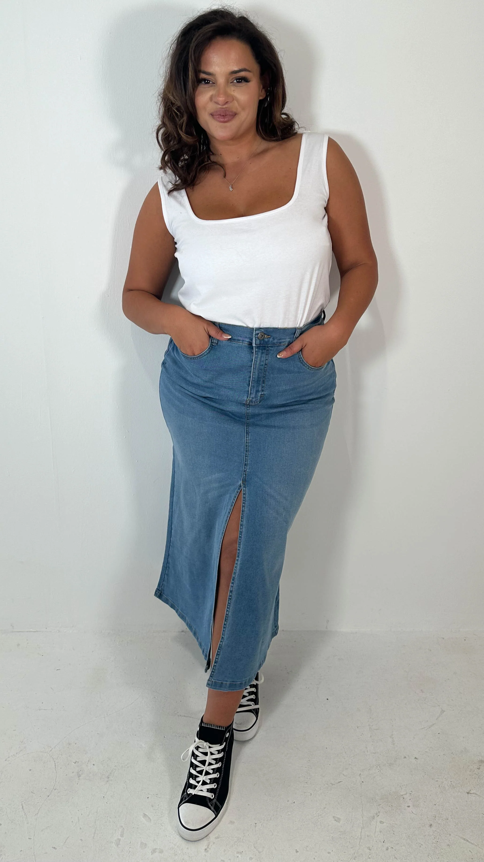 CurveWow Denim Split Front Midaxi Skirt Mid Blue - Image 4