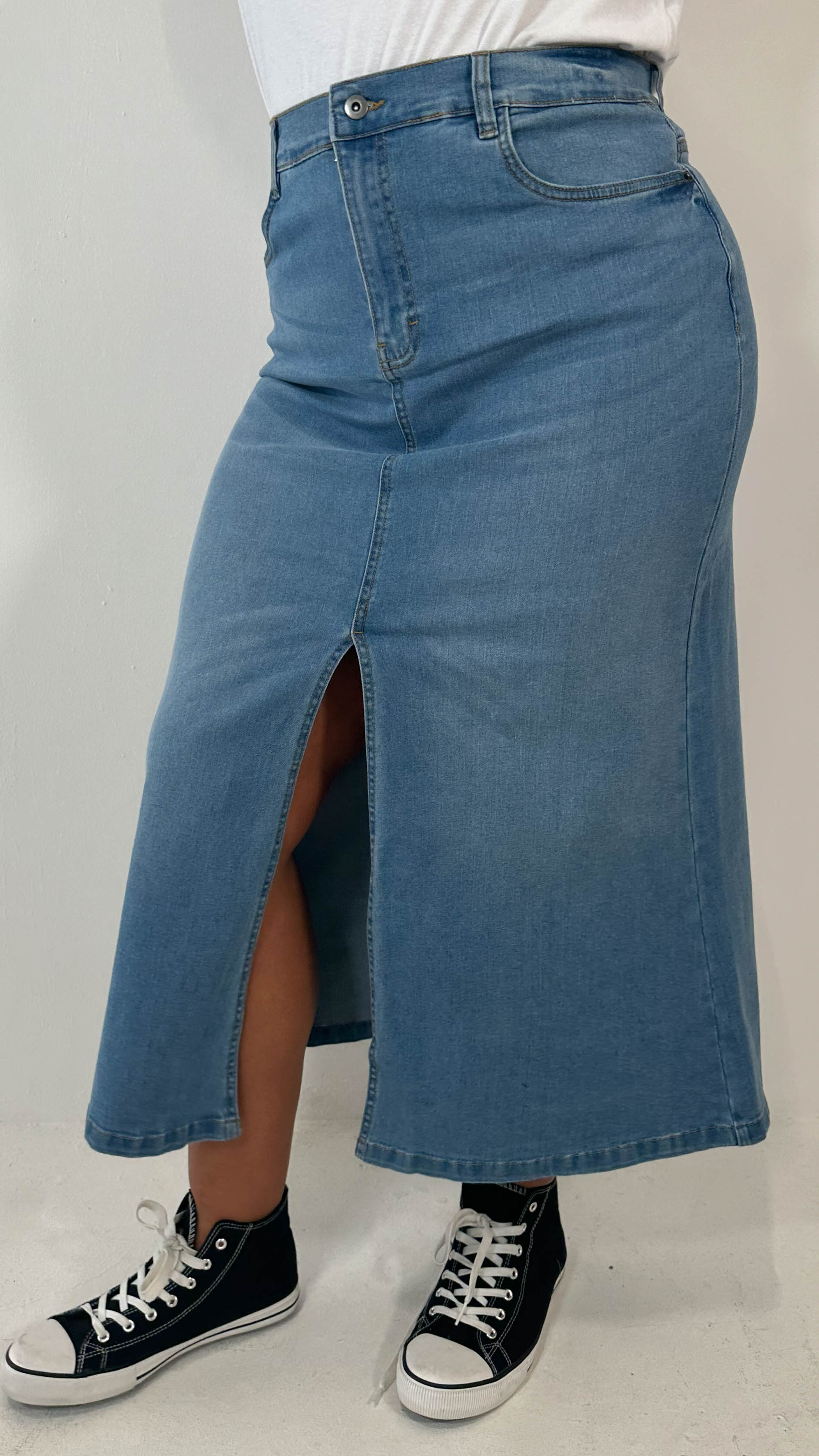 CurveWow Denim Split Front Midaxi Skirt Mid Blue - Image 5