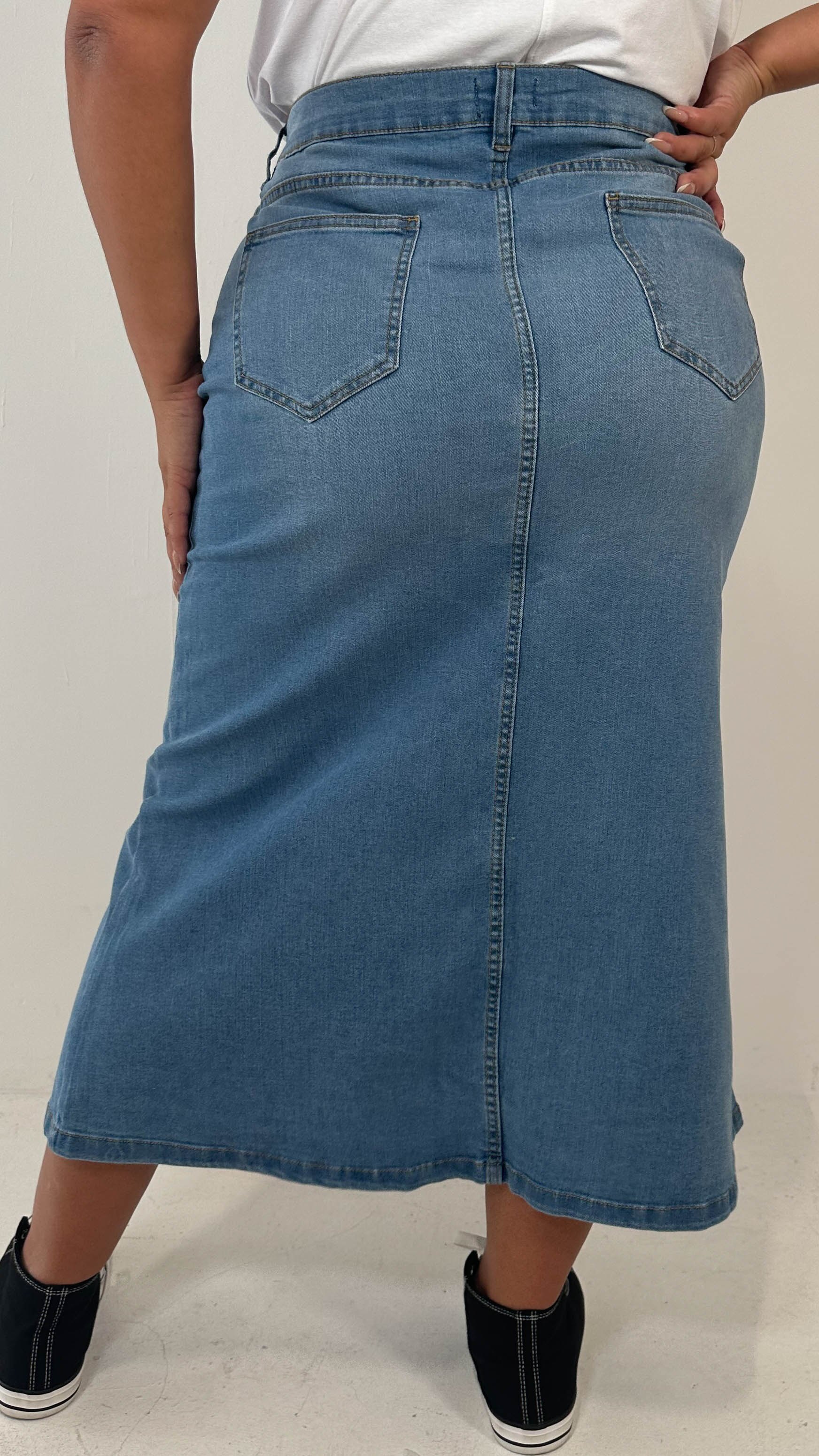 CurveWow Denim Split Front Midaxi Skirt Mid Blue - Image 6