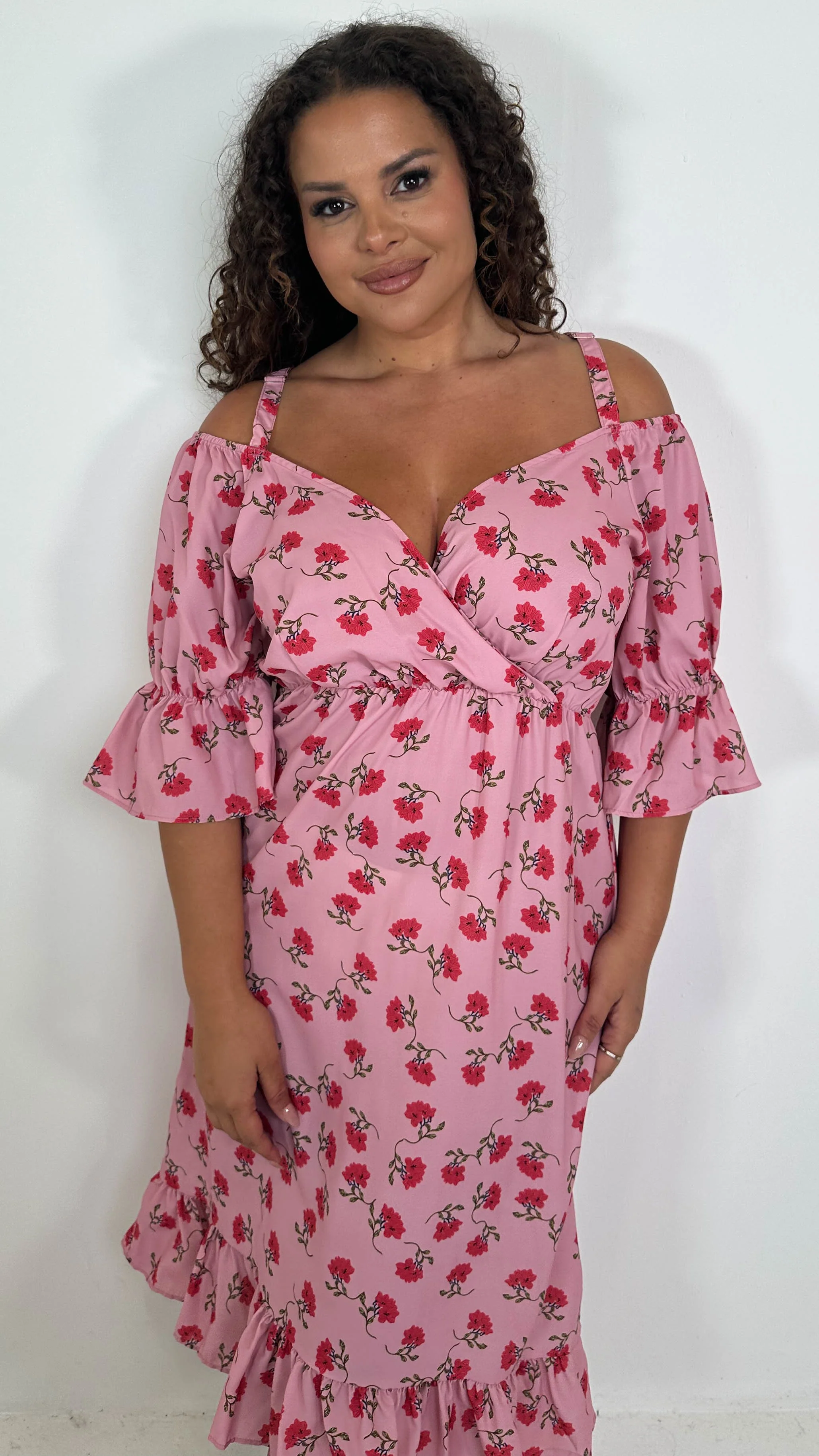 CurveWow Cold Shoulder Frill Dress Pink Floral - Image 4