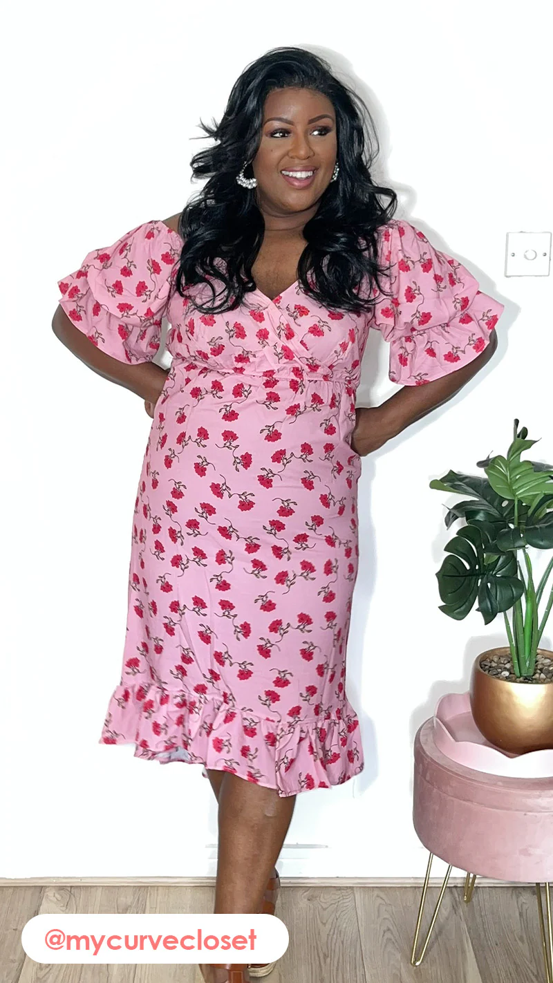 CurveWow Cold Shoulder Frill Dress Pink Floral - Image 9