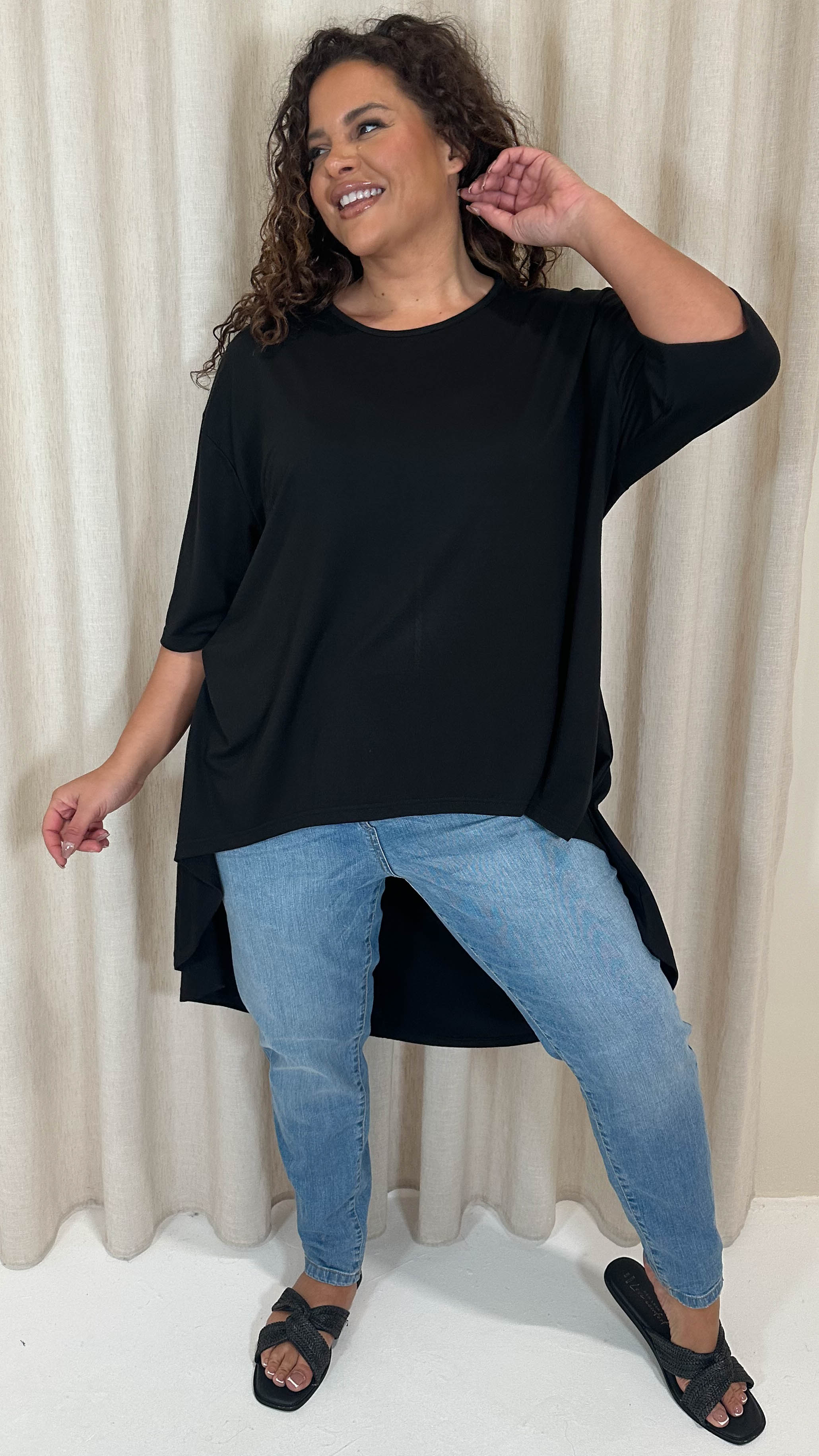 CurveWow Dip Hem Tunic Top Black - Image 4