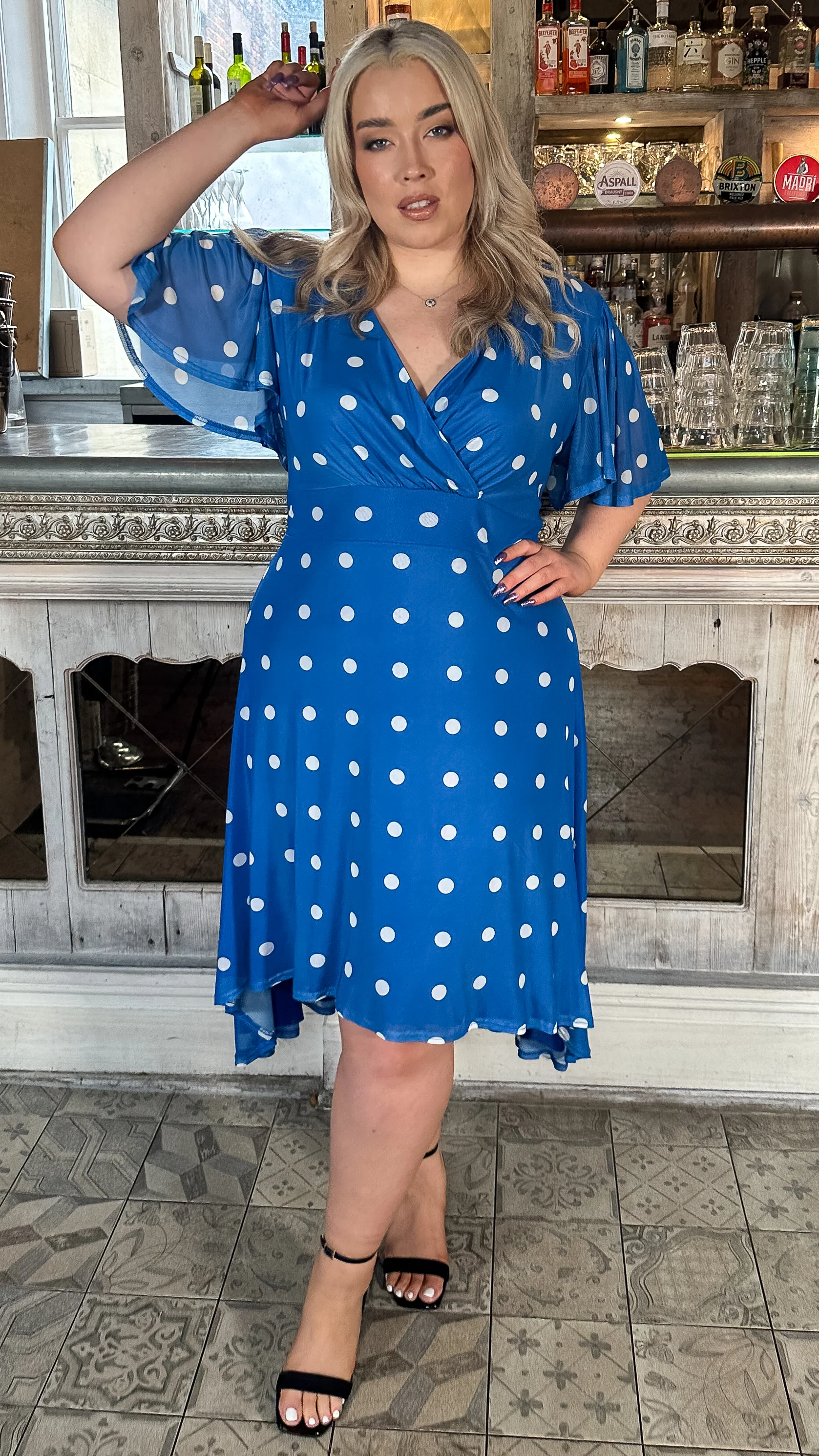 CurveWow Dipped Hem Mesh Angel Sleeve Dress Blue Polka - Image 3