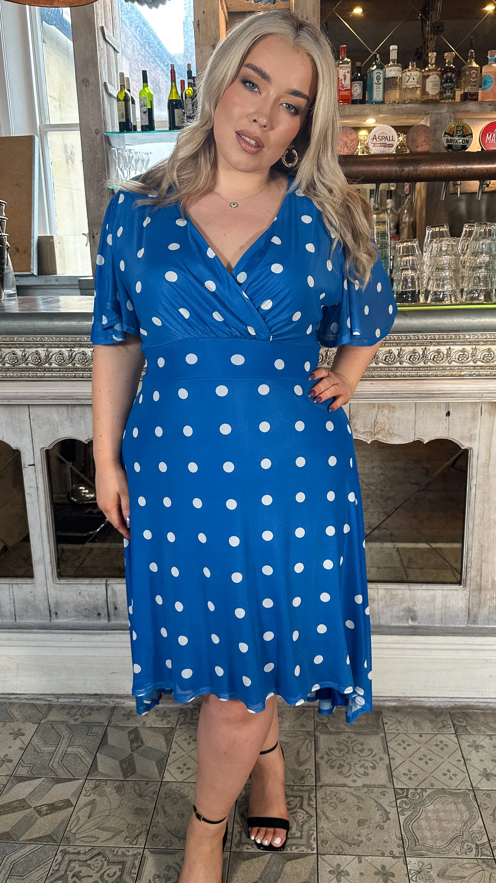 CurveWow Dipped Hem Mesh Angel Sleeve Dress Blue Polka - Image 4