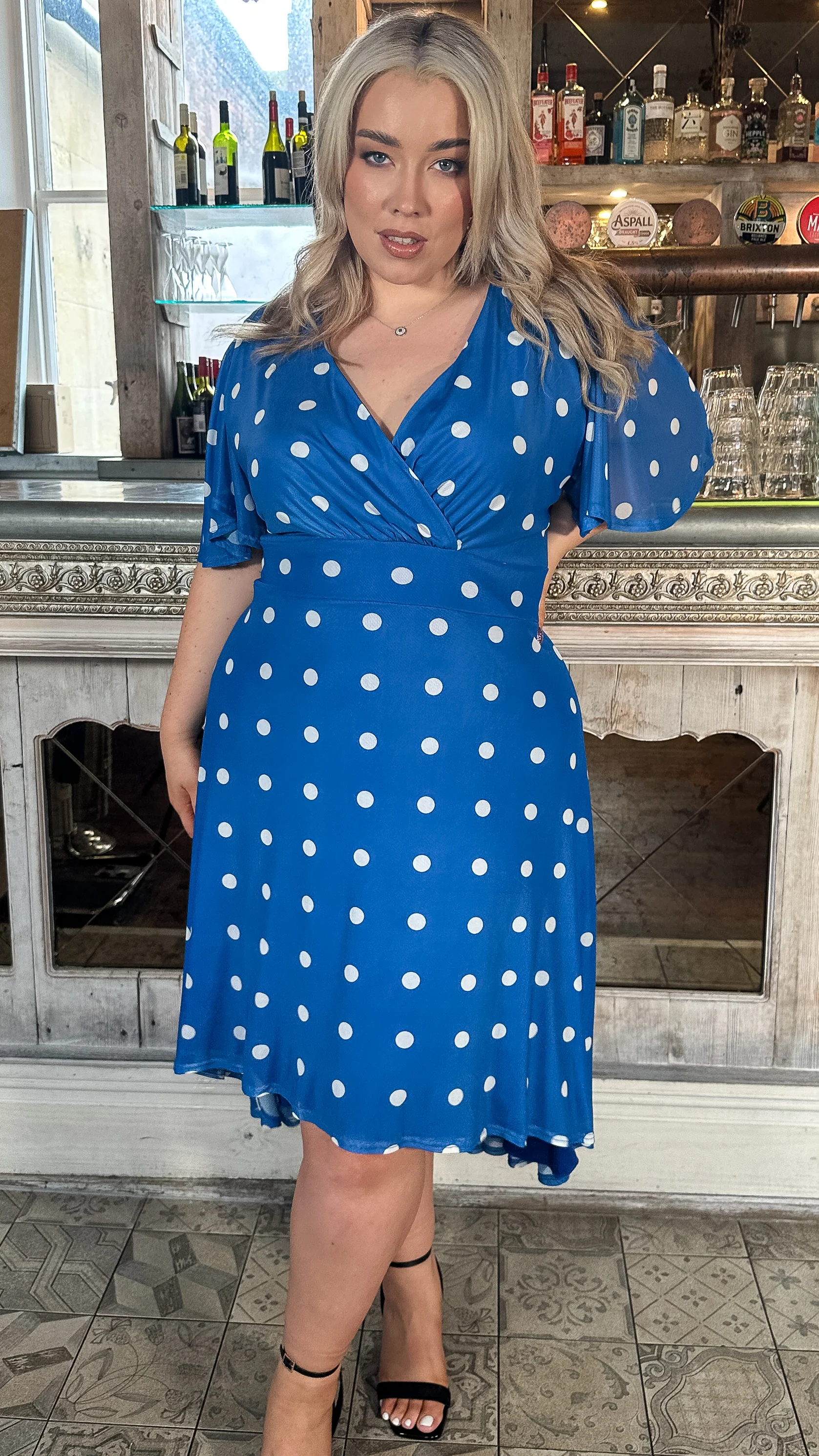 CurveWow Dipped Hem Mesh Angel Sleeve Dress Blue Polka - Image 5