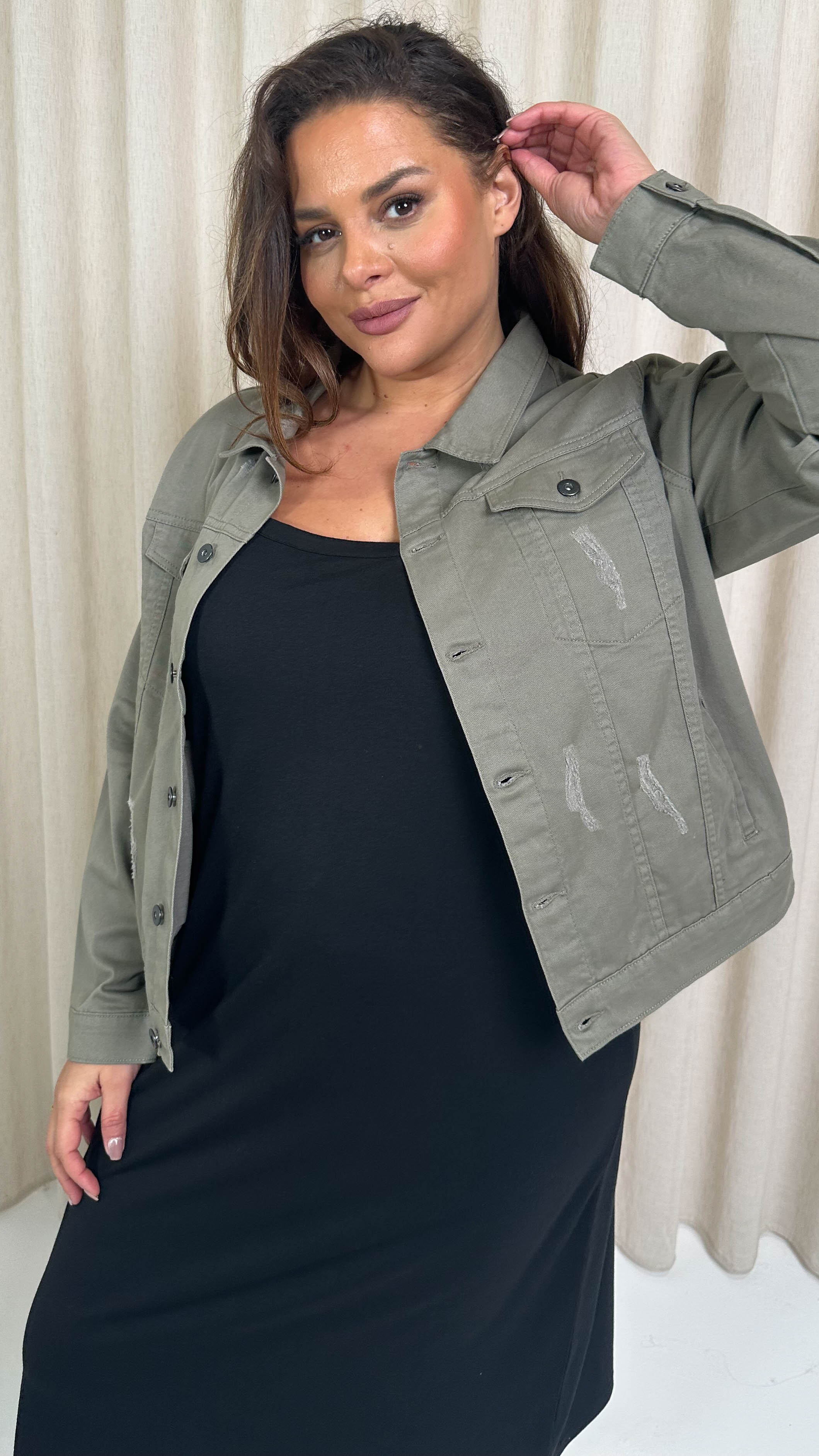 CurveWow Distressed Denim Jacket Khaki - Image 3