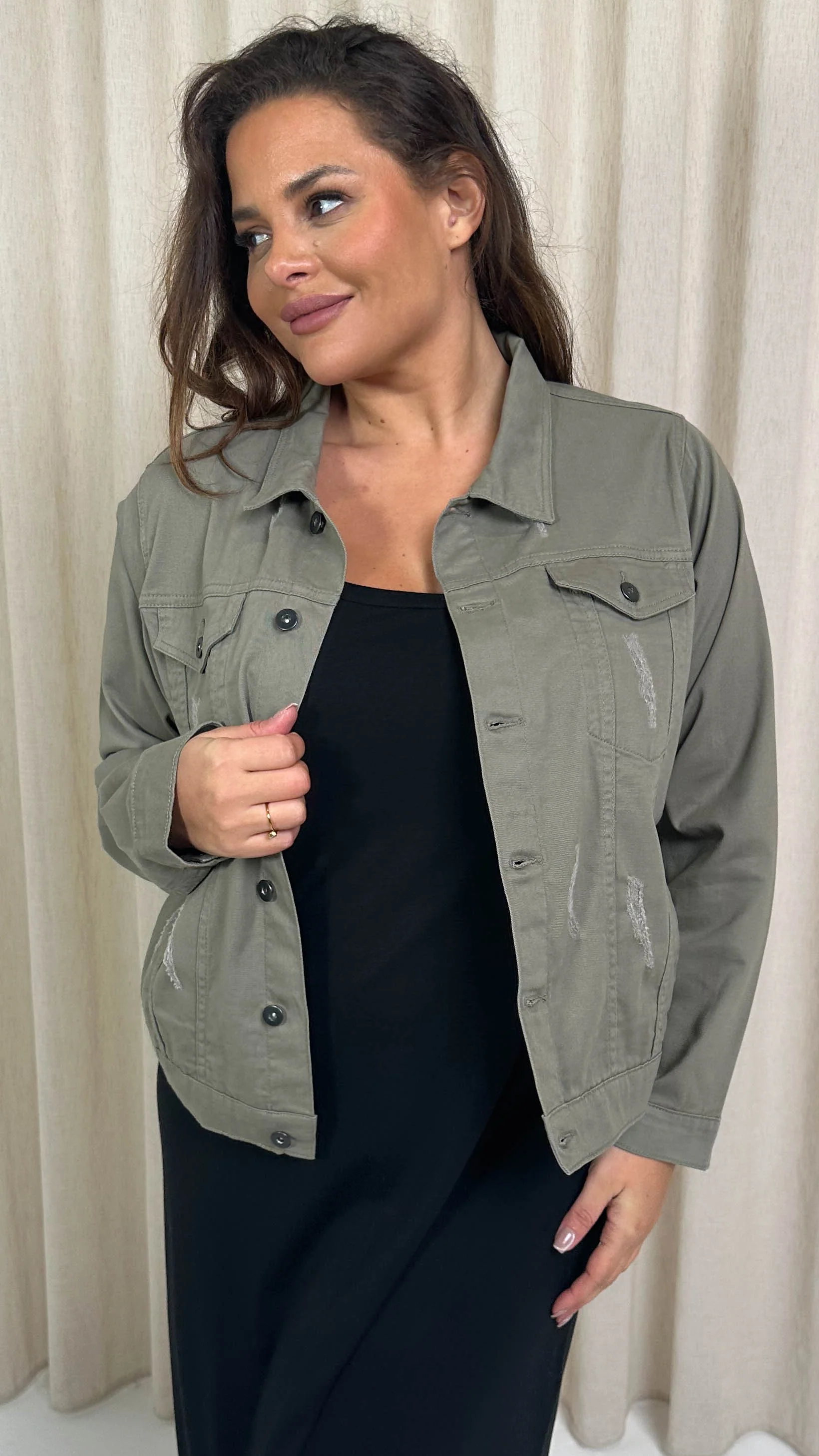 CurveWow Distressed Denim Jacket Khaki - Image 4